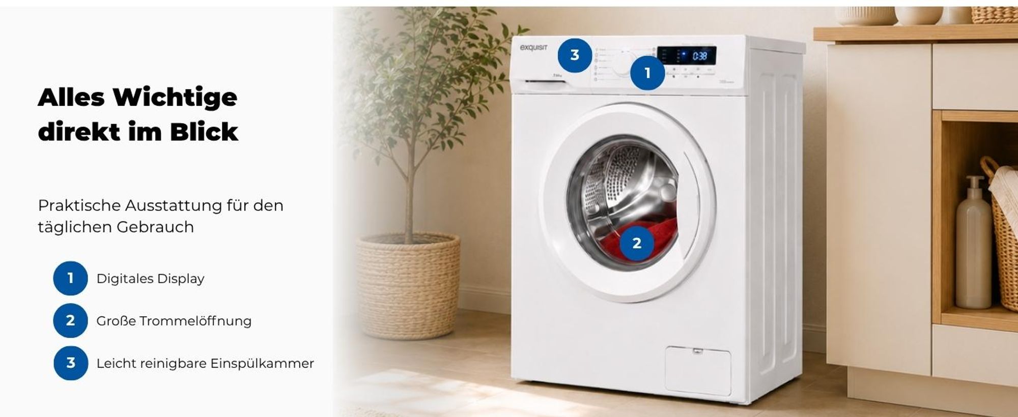 Exquisit Waschmaschine 7kg, Energieeffizienzklasse A, max. 1400 U/Min, Kurz -Mixprogramm, Startzeitvorwahl, 12 Waschprogramme, WA57014-020A weiss