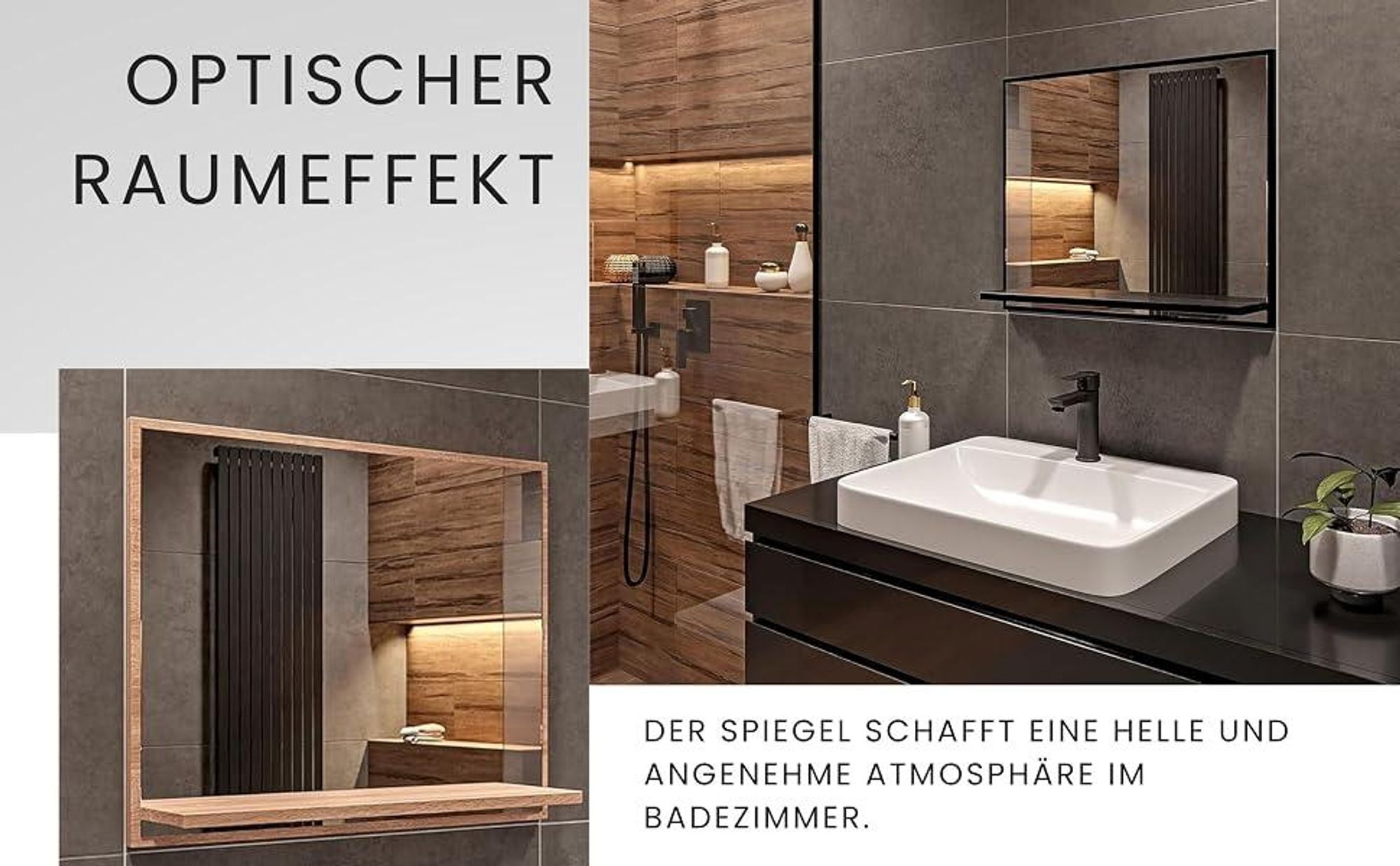 Badspiegel mit Ablage Weiß - H:50 x B: 60 cm - Bathroom Mirror - Moderner Badezimmer Spiegel Rechteckig - Wandspiegel mit Regal