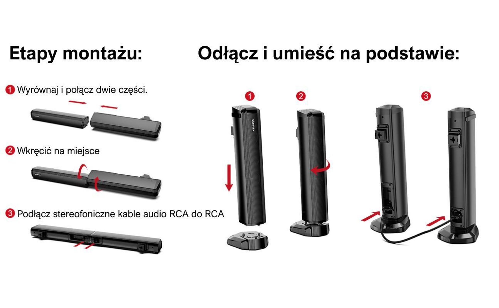 Soundbar ULTIMEA do telewizorów, dzielony soundbar 2 w 1 o mocy 100 W z Bluetooth® 5.3, głośnik telewizyjny z 3 trybami korektora i regulowanym basem, ARC/optyczne/Aux