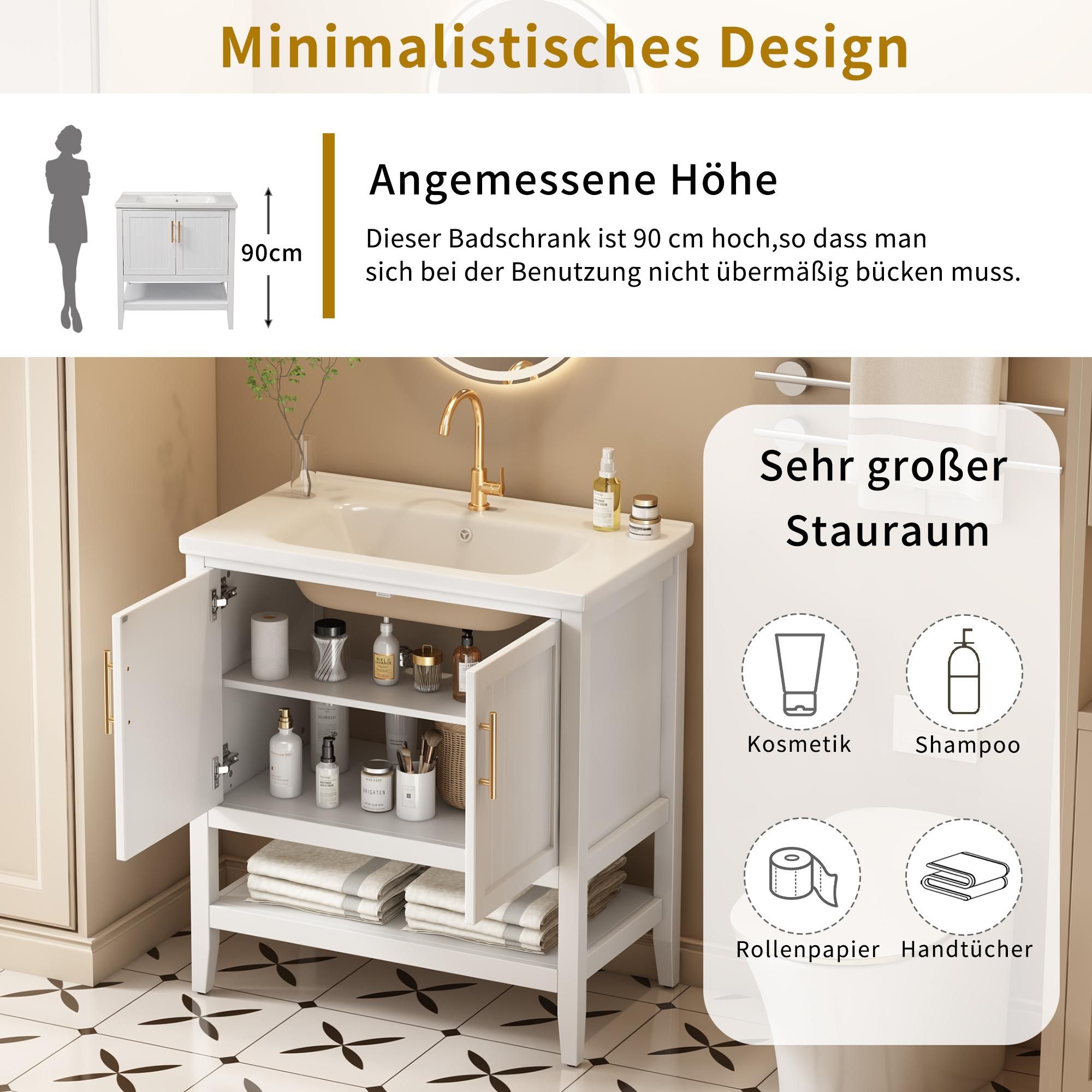 Merax Waschtischunterschrank 80 cm, mit Keramik-Waschbecken, Bodenstehender Badezimmerschrank, Zwei Türen und offenes Fach, Badezimmermöbel, Weiß