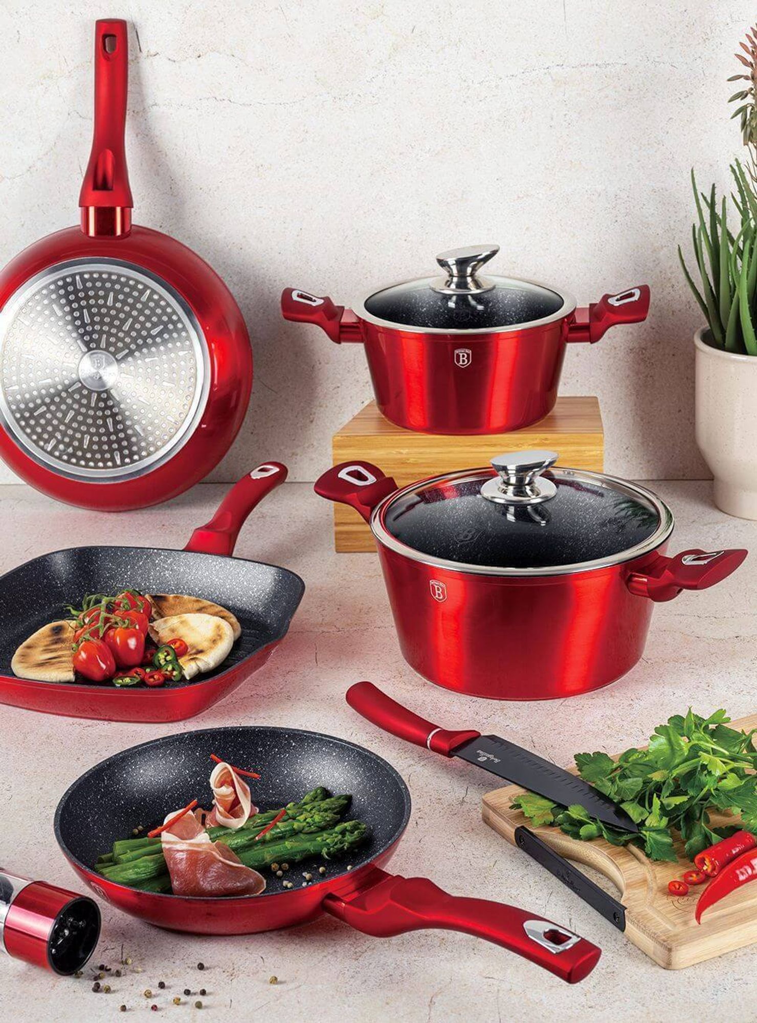 Berlingerhaus Topf mit Marmoroberfläche und Deckel 20 cm Burgundy Metallic Line BH-1256