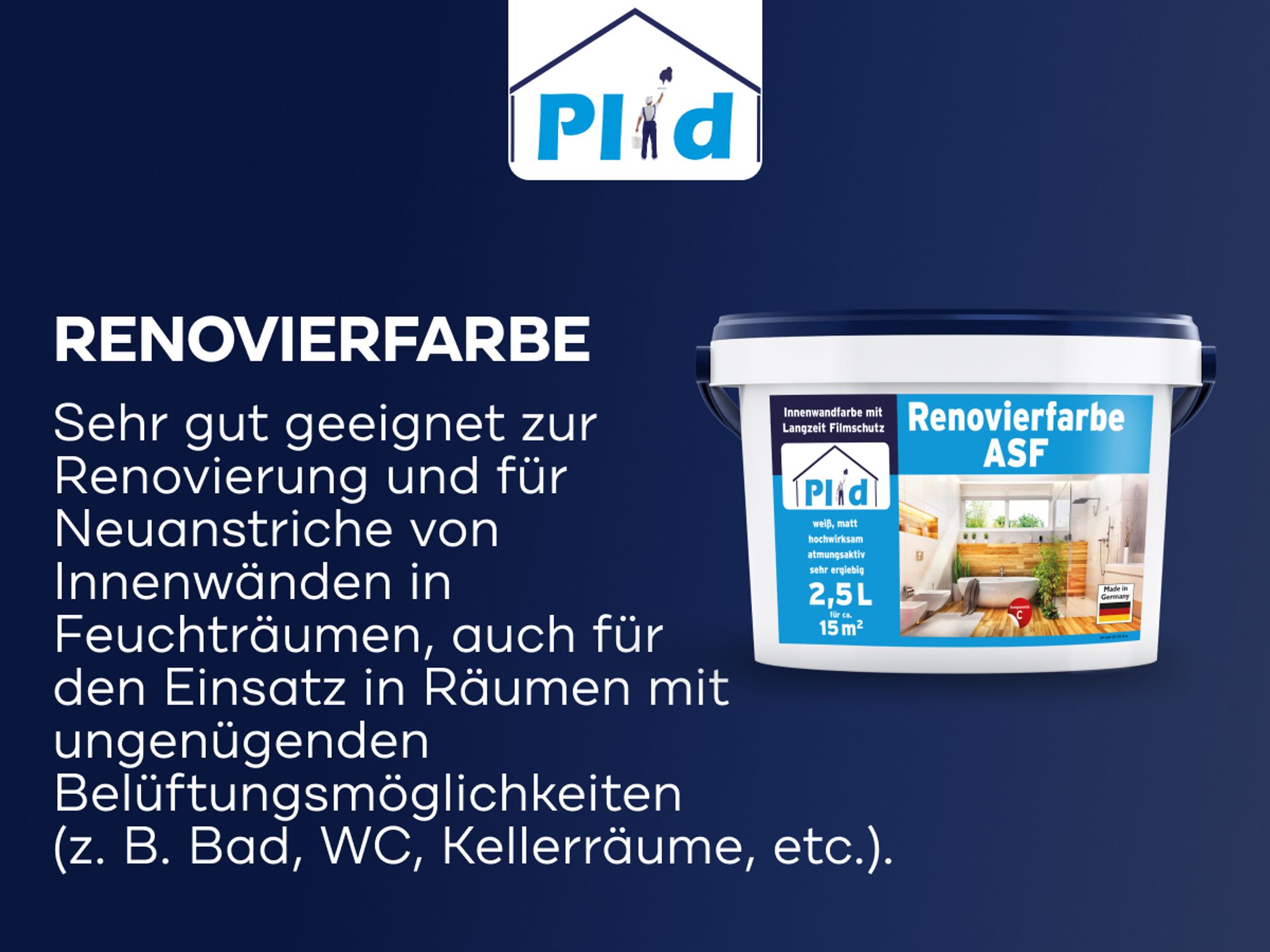 Plid Anti Schimmel Renovierfarbe Weiß 2,5L - für ca. 15m² - [DAUERHAFTER SCHIMMELSCHUTZ] Antischimmelfarbe für alle Wände - Feuchträume, Bad, Küche