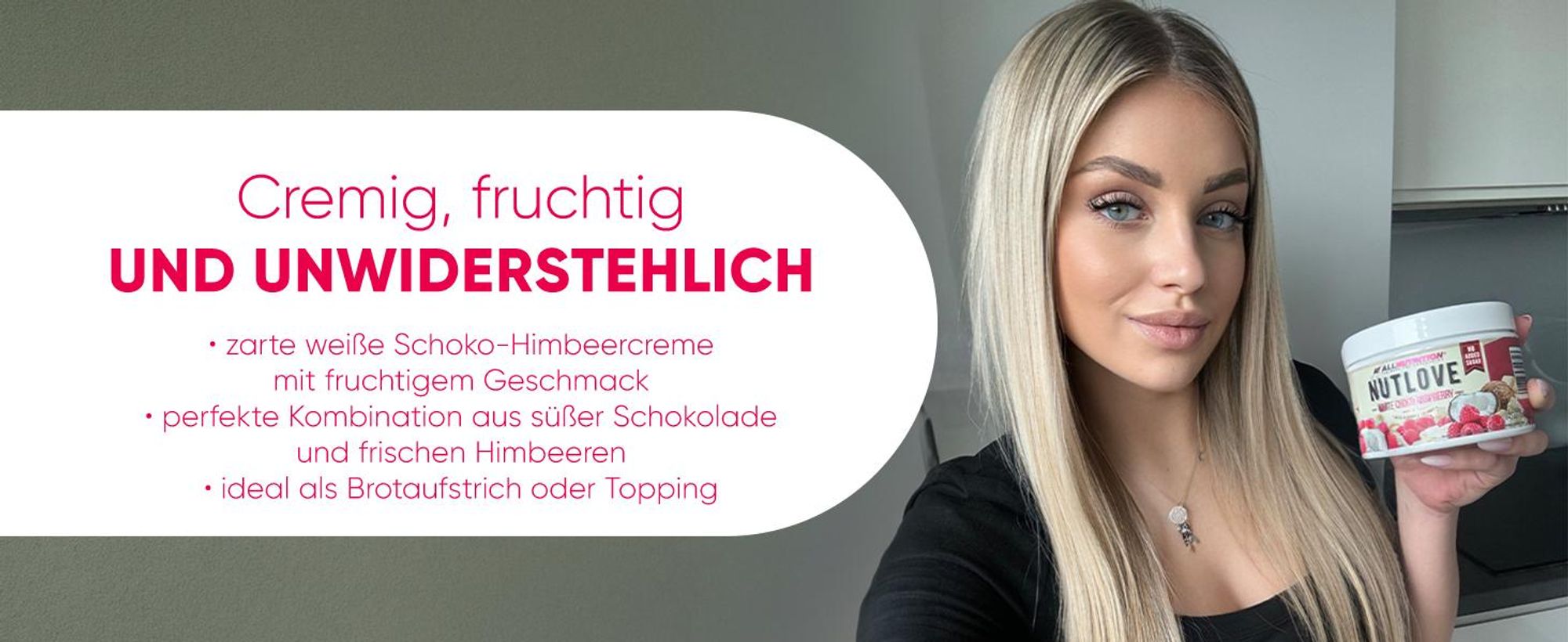 ALLNUTRITION Nutlove White Choco Raspberry 500g Weiße Schokolade Himbeere Creme Ohne Zuckerzusatz Fit Aufstrich Ohne Palmöl