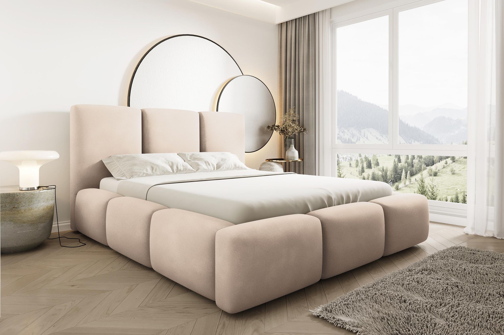 Polsterbett BUBBLE 180x200 cm Beige, Veloursbett Velluto 02, Bett mit Bettkasten, Metall-Lattenrost