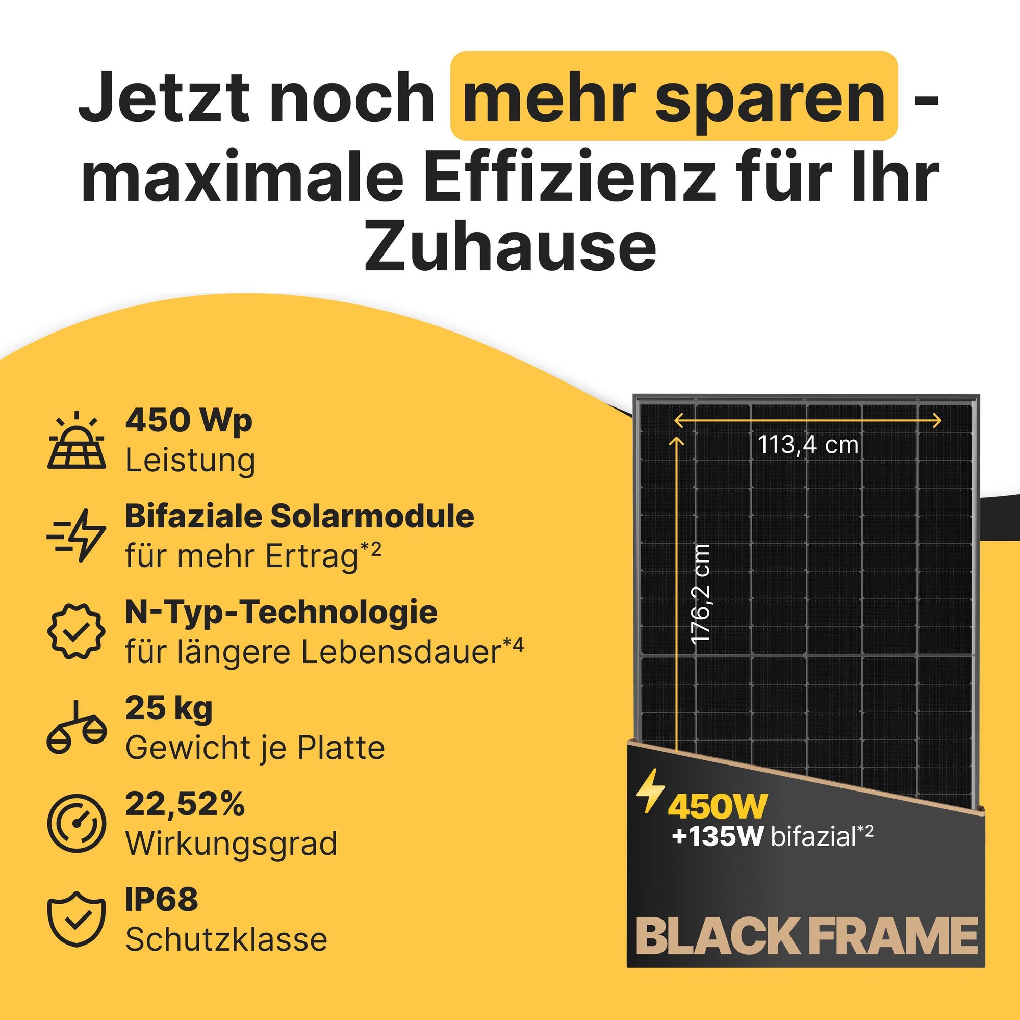 Solakon® Solarmodul 450W Bifazial Glas-Glas N-Type – Full Black PV Modul 40V für Balkonkraftwerk (2 Stück)