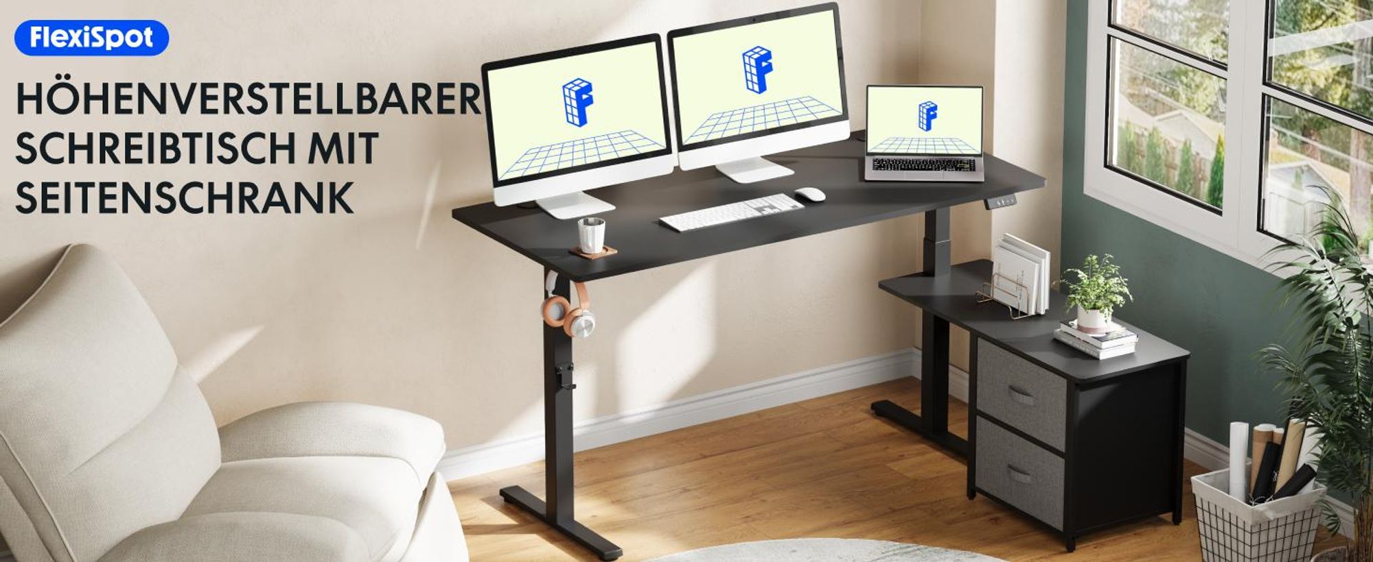 FLEXISPOT Höhenverstellbarer Schreibtisch 160 x 70 cm elektrisch höhenverstellbar L-förmig mit Schubladen&Stauraum umkehrbar Steh-Sitz Tisch Schwarz