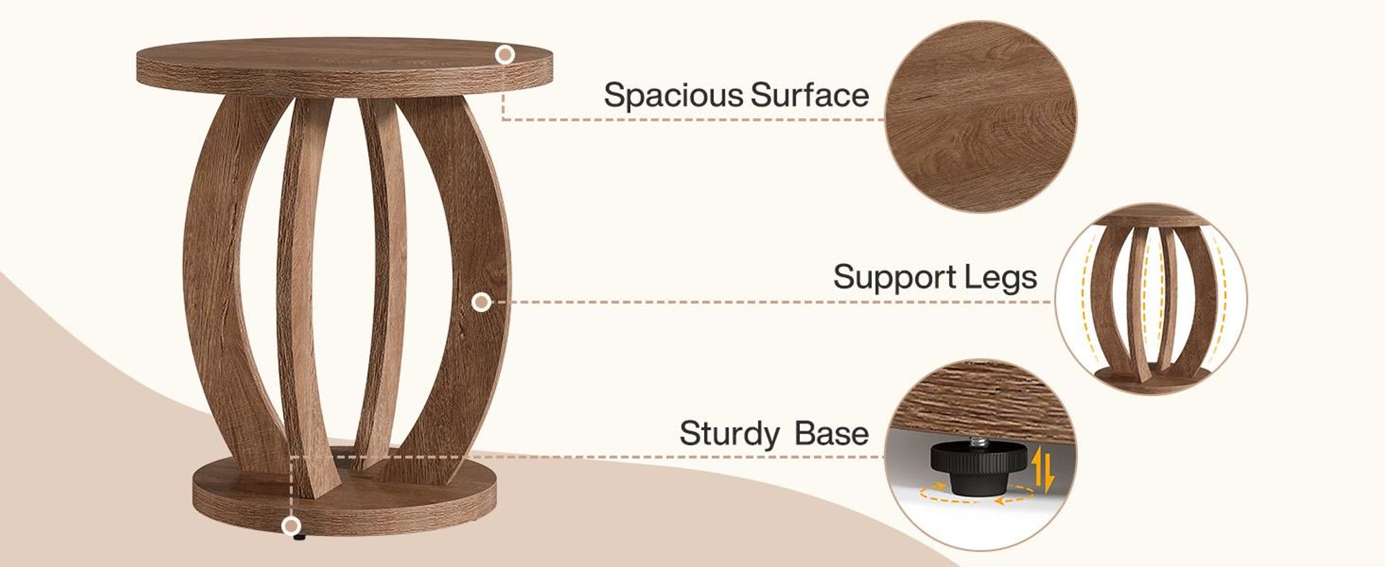 Tribesigns Beistelltisch, runder Beistelltisch mit Stauraum, 50 cm im Landhausstil mit runder Tischplatte, Beistelltisch Holz, rustikales Braun