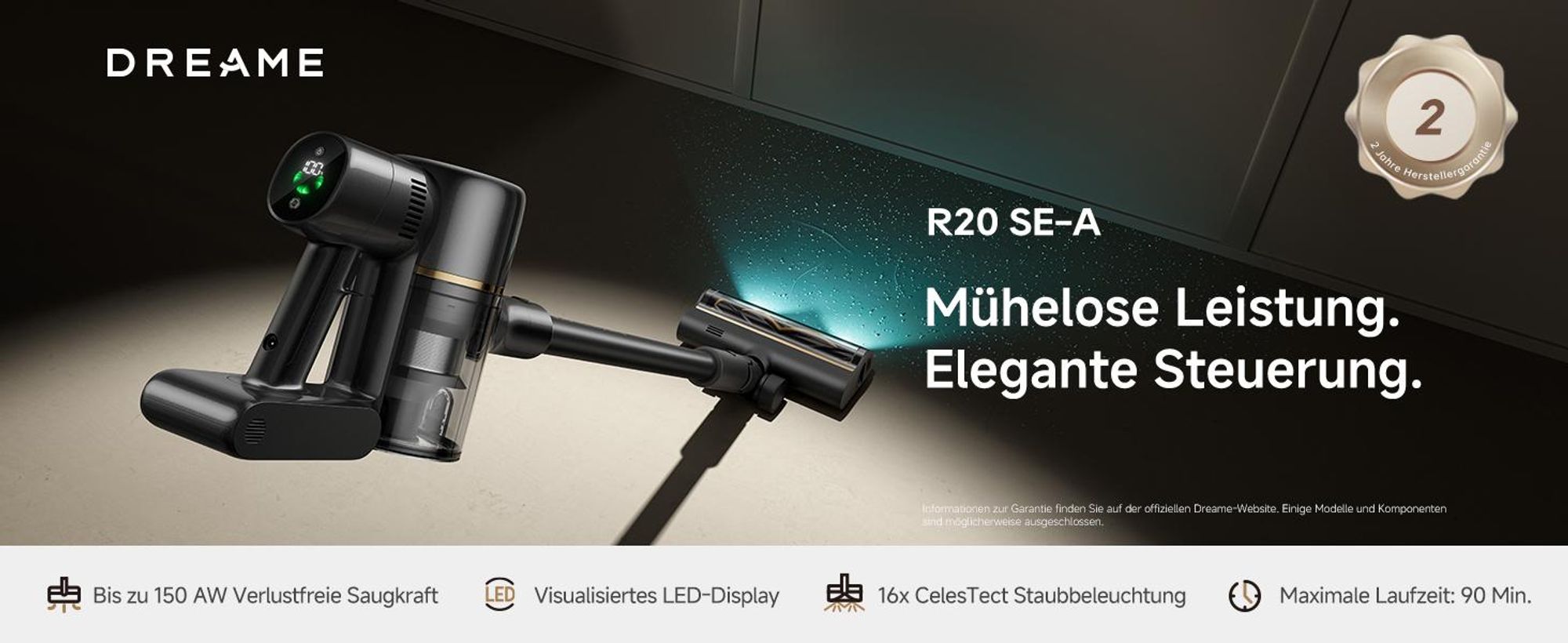 Dreame R20SE-A Akku Handstaubsauger,20KPa＆150AW Saugkraft,Schmutzentsorgung,0 Tangle Bürste,5-schichtiger Filter,Handstaubsauger,LED,90Min,App,Schwarz