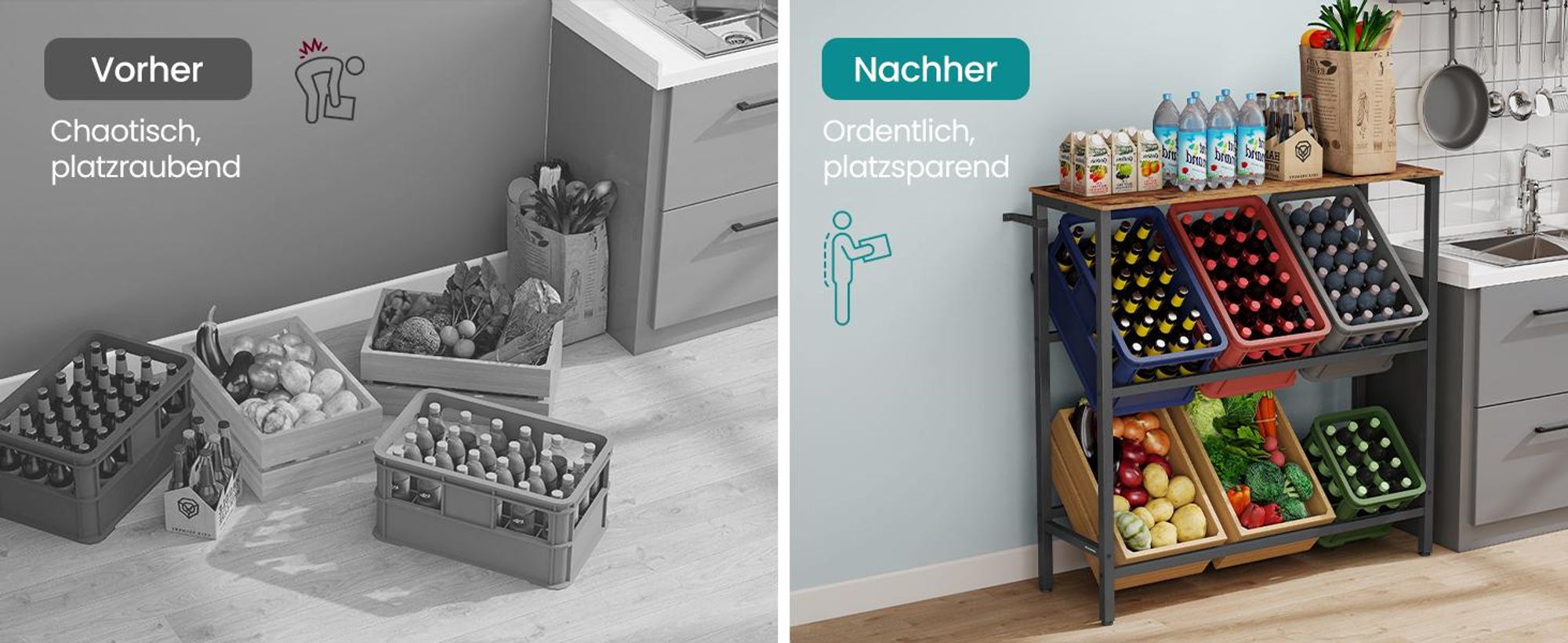 SONGMICS Getränkekistenregal, 2 Ebenen, für 6 Kisten, Aufbewahrungsregal, jede Ebene bis 150 kg belastbar, Stahl, Getränkeregal