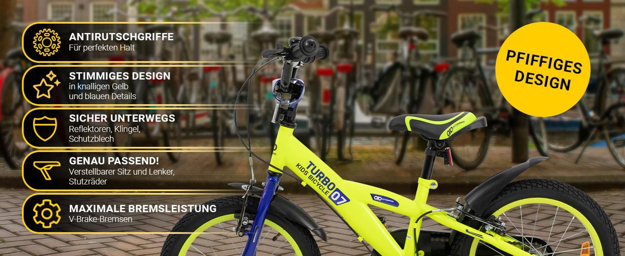 Actionbikes Kinderfahrrad Turbo 16 Zoll | Kinder Fahrrad für Jungen & Mädchen - Bicycle - V-Brake Bremsen - Kettenschutz - 4-7 Jahre (Gelb/Blau)