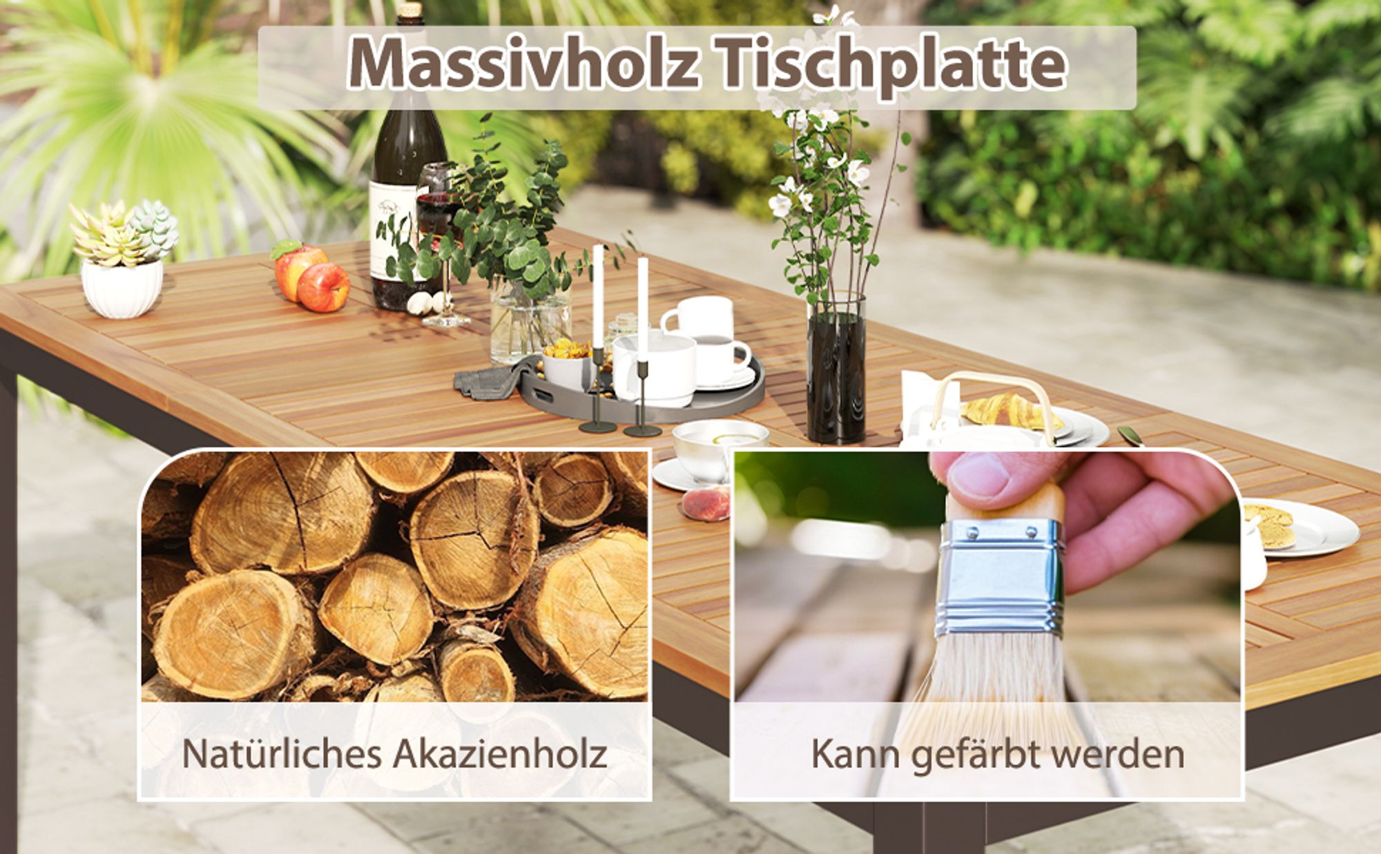 COSTWAY Gartentisch für 8 Personen Akazienholz, Garten Esstisch mit 5cm Schirmloch 200x90x75cm