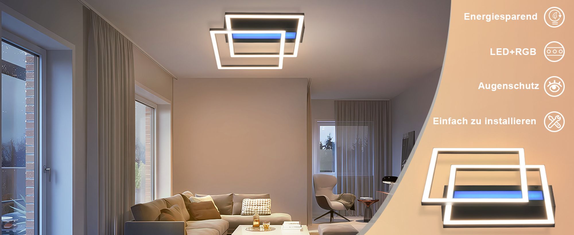 ZMH LED Deckenleuchte RGB Farbwechsel Deckenlampe Schlafzimmer 36W Dimmbar mit Fernbedienung Schwarz Modern Deckenleuchten Eckig