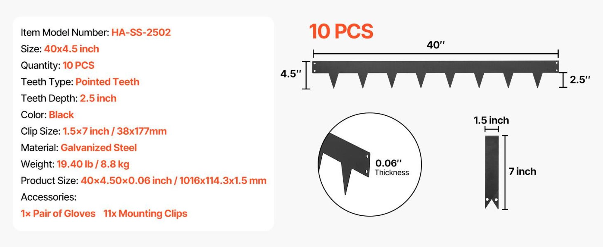 VEVOR Rasenkante, 10er-Pack, 1016x114,3 mm, Beeteinfassung mit 11 Befestigungsclips, Beetbegrenzung aus Verzinktem Stahl, Rasenbleche, Mähkante, Metall Palisade für Blumenbeete & Gartenwege, Schwarz