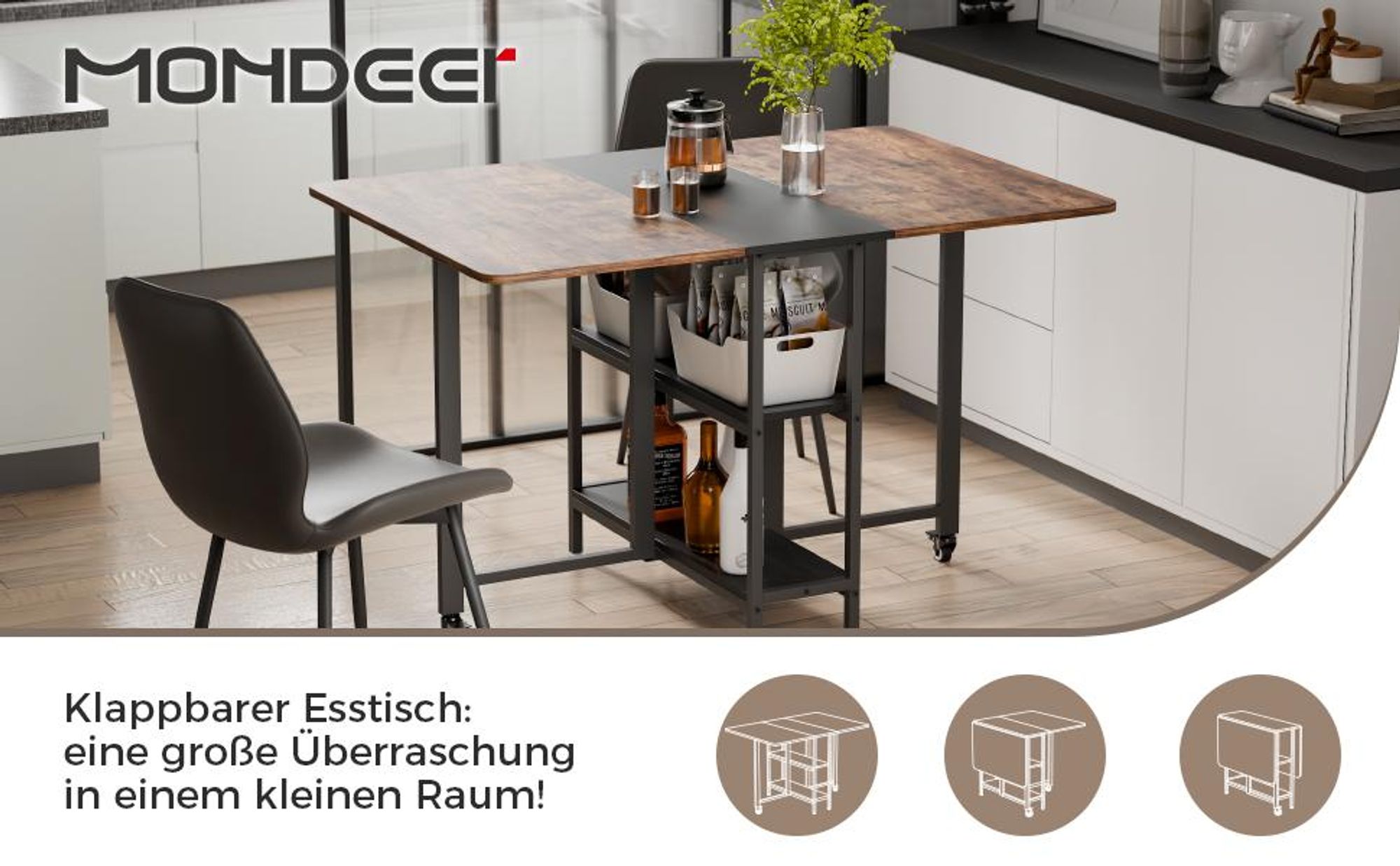 Mondeer Klappbarer Esstisch Küchentisch mit 2 Ablagen und Rollen 140 x 80 x 75 cm Vintage Braun