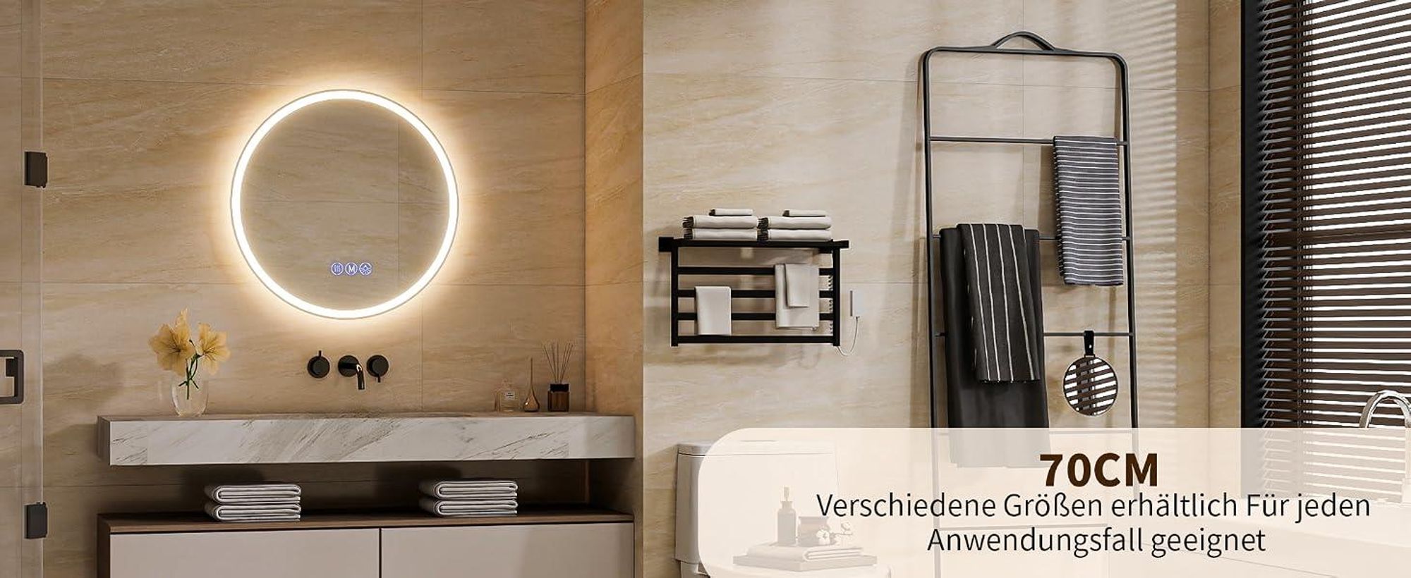 Koonmi runder LED Badspiegel 80 cm, dimmbar, Wandspiegel mit 3 Lichtfarben, Antibeschlagfunktion und bruchsicherem Glas für Badezimmer und Waschtisch