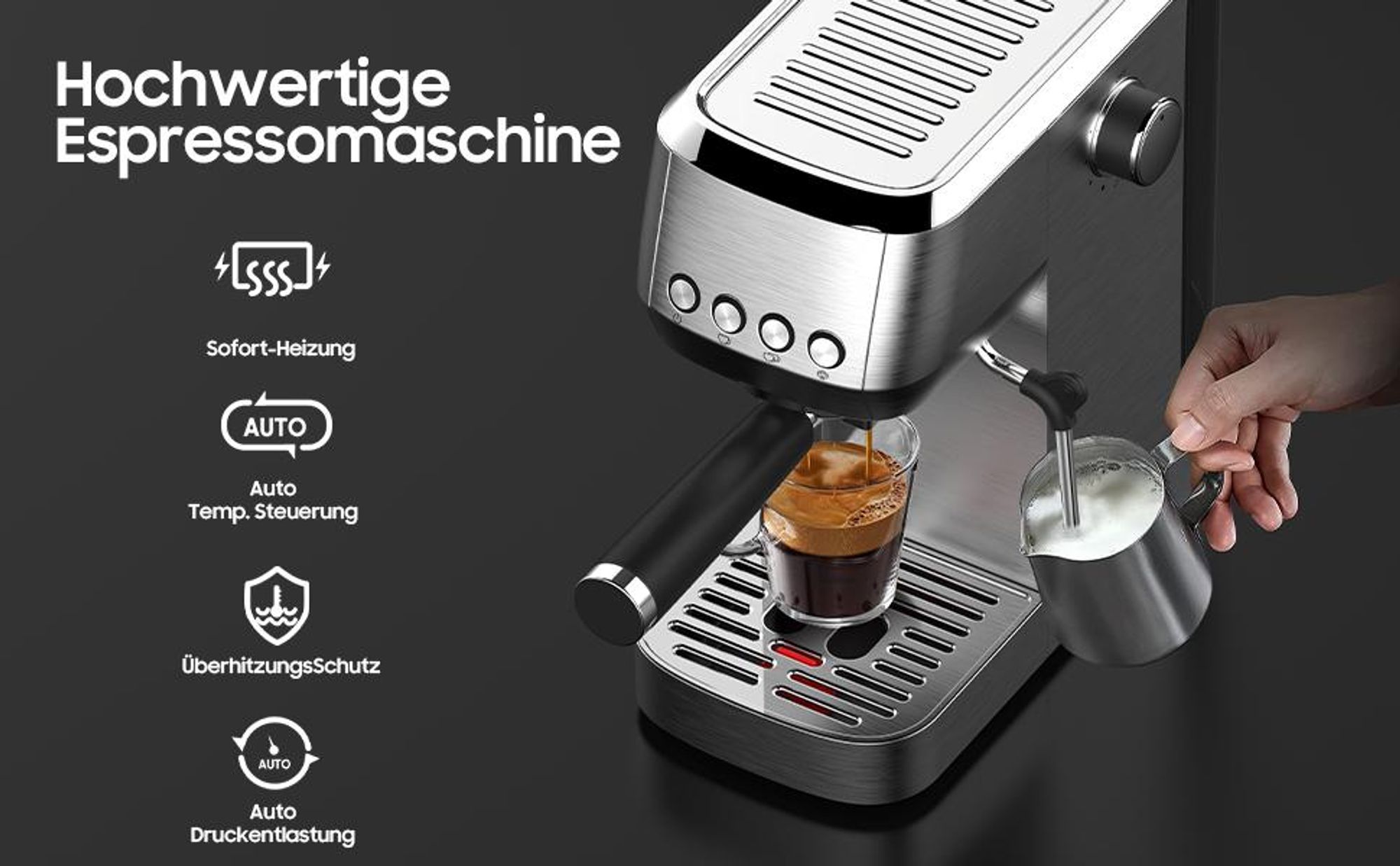 Espressomaschine mit Milchschaumdüse CM1662B 1350W, 20 Bar Espressodruck, Perfetto Compact Portafilter Espresso Machine, Metall