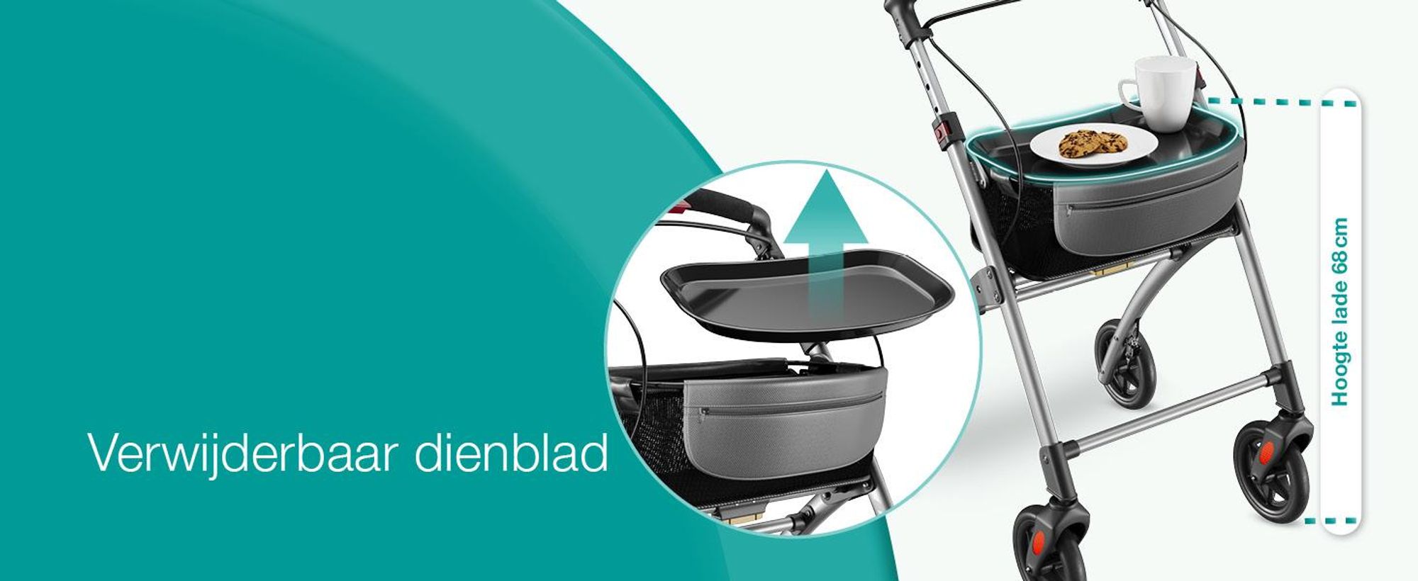 ELONEO Woonrolstoel, 54 cm breed, opvouwbaar en lichtgewicht, inclusief dienblad en stoffen mand. Smalle rolstoel voor binnenshuis, inklapbaar, zilverkleurig
