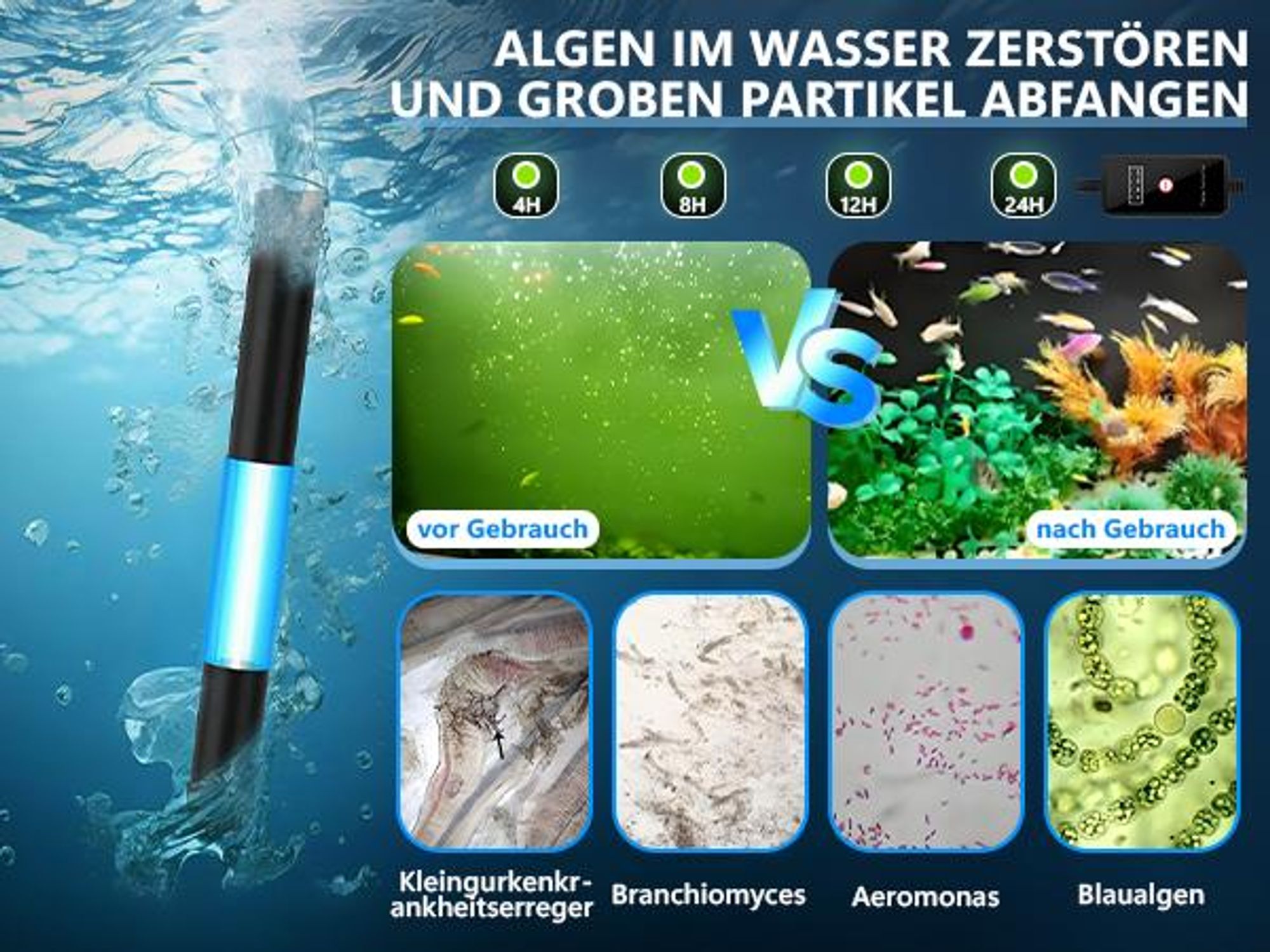 4-in-1 Filterpumpe, Aquarium Innenfilter mit 8W UVC Klärer & Timer für 150-300L, 800L/h, Filterung, Belüftung, Strömung, Regenwald-Modus, Tauchpumpe