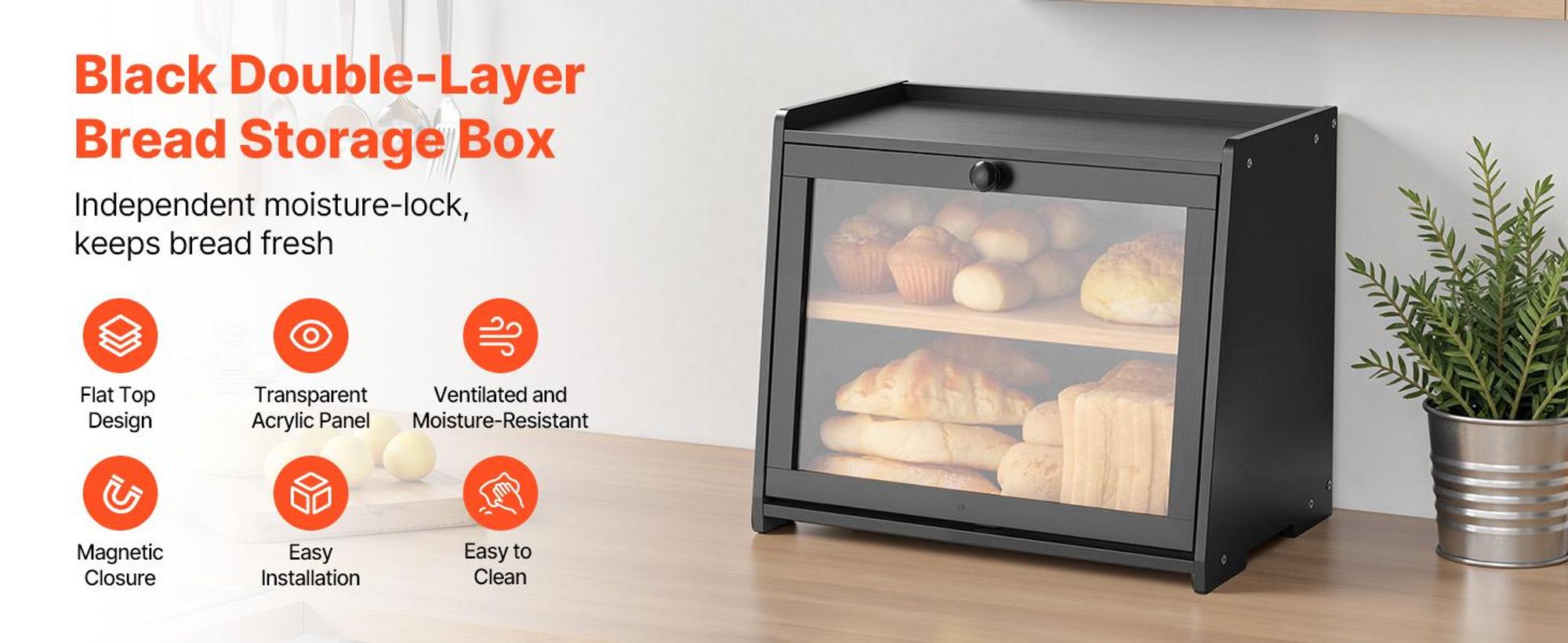 VEVOR Eck-Brotbox für die Küchenarbeitsplatte, doppelschichtige große Kapazität Bambus-Brotlagerbehälter, Bauernhaus-Holzbrotbox für hausgemachtes Brot, Aufbewahrungsbehälter mit akryl-welligem Tür, natürlich, Schwarz, Doppeldecker-b