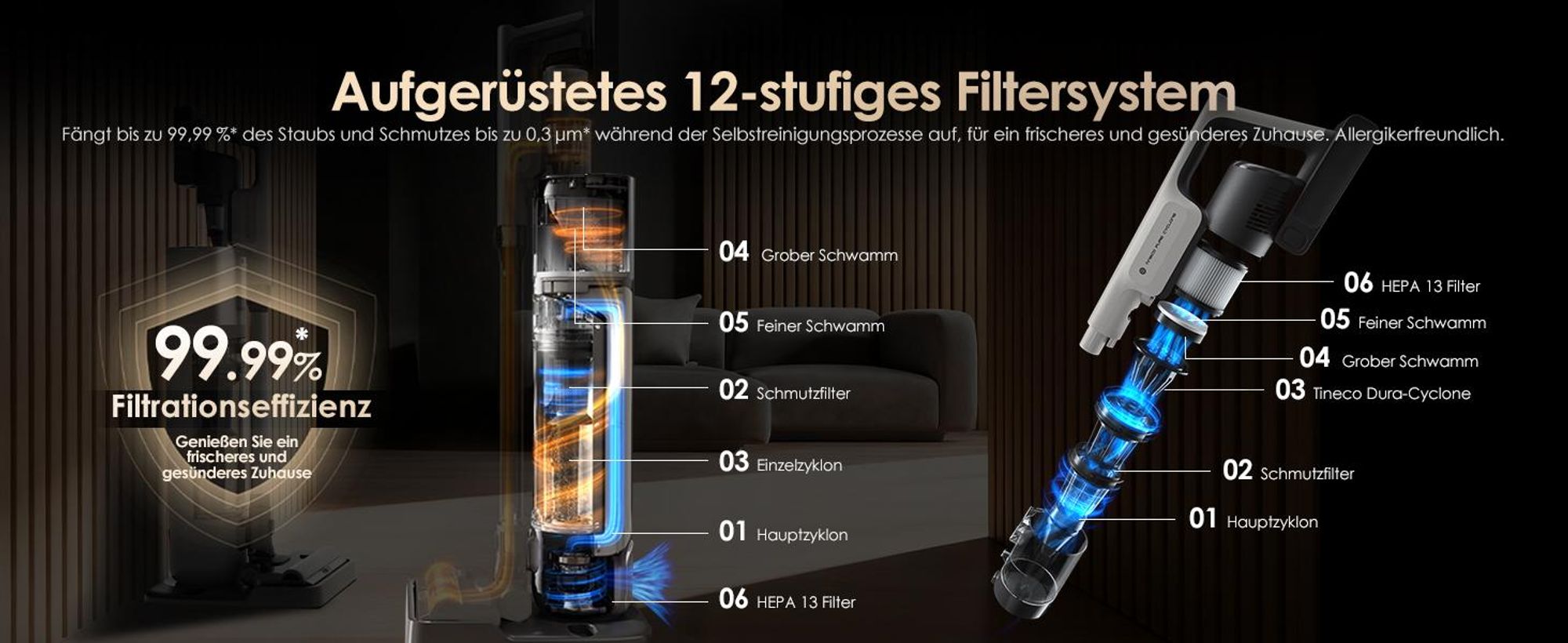 Tineco PURE ONE S70 Smarter, Stabstaubsauger, Beutellos, Blau, Orange, 0,6 l, Trocken, HEPA