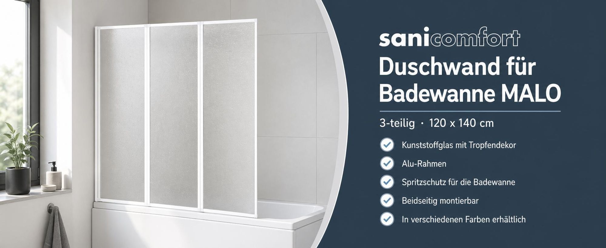 sanicomfort Badewannenaufsatz MALO 120x140 cm – 3-teilig Faltwand, Kunststoffglas Tropfendekor, Alu-Rahmen, Spritzschutz für Badewanne, beidseitig montierbar, silber