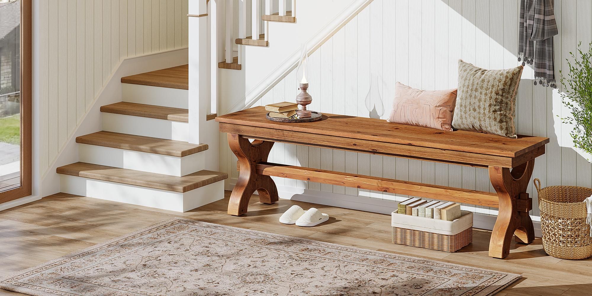 Schuhbank aus Massivholz, 140 cm lange Landhaus-Sitzbänke, schmale Flurbank, Eingangsbank für Wohnzimmer, Schlafzimmer