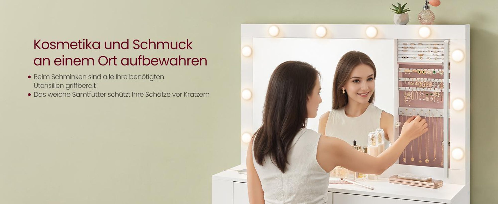 VASAGLE Schminktisch mit LED-Beleuchtung, Frisiertisch mit Spiegel, Schmuckschrank, Steckdosenleiste, 40 x 125 x 140 cm, Kosmetiktisch mit Schubladen