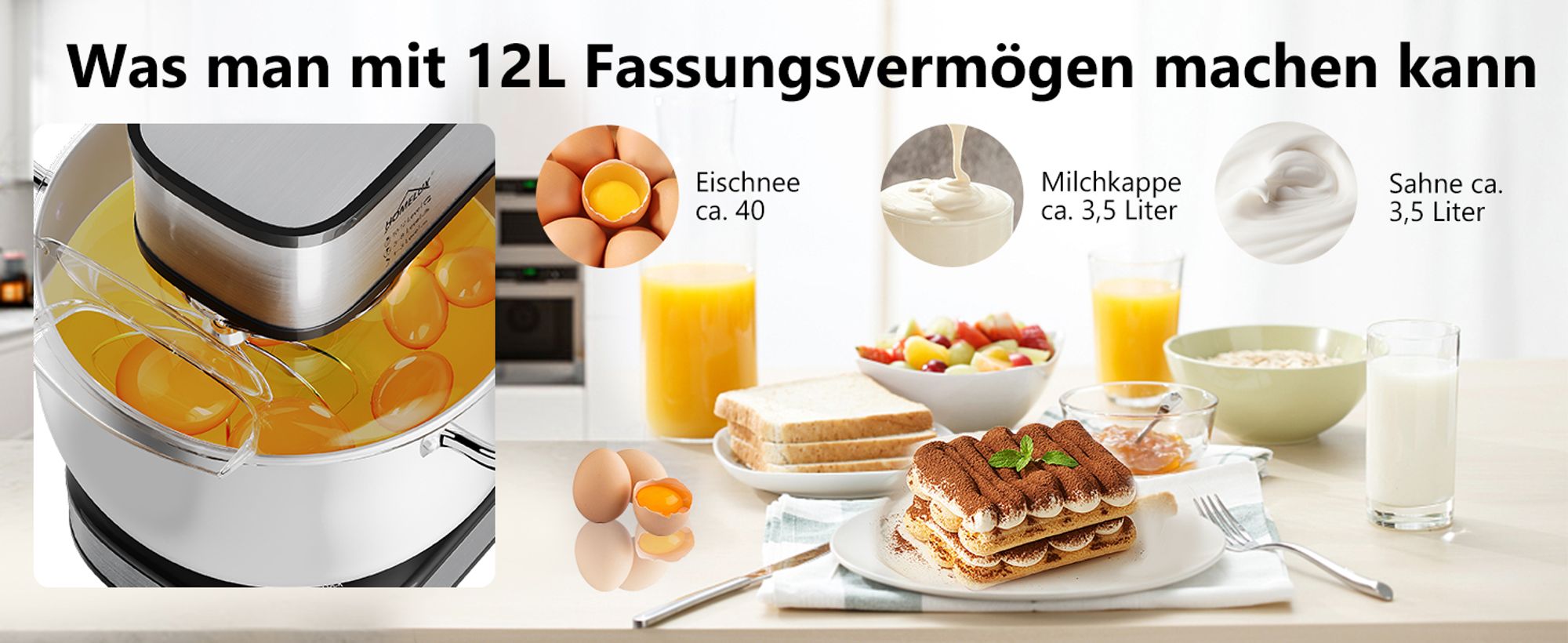 HOMELUX 2500W Küchenmaschine Multifunktional Knetmaschine, 12L Knetmaschine inkl 4-Teiligem Patisserie-Set und Spritzschutz, 12 Geschwindigkeit