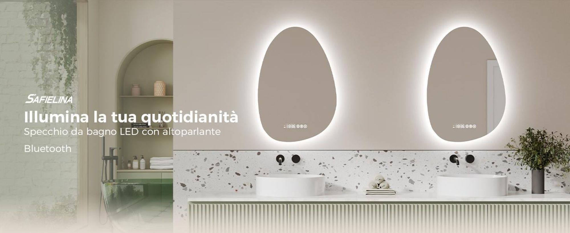 S'AFIELINA 75 x 55 cm specchio da bagno con illuminazione Asimmetrico con 3 colori di luce dimmerabili, antiappannamento, Bluetooth, orologio, temperatura, funzione memoria