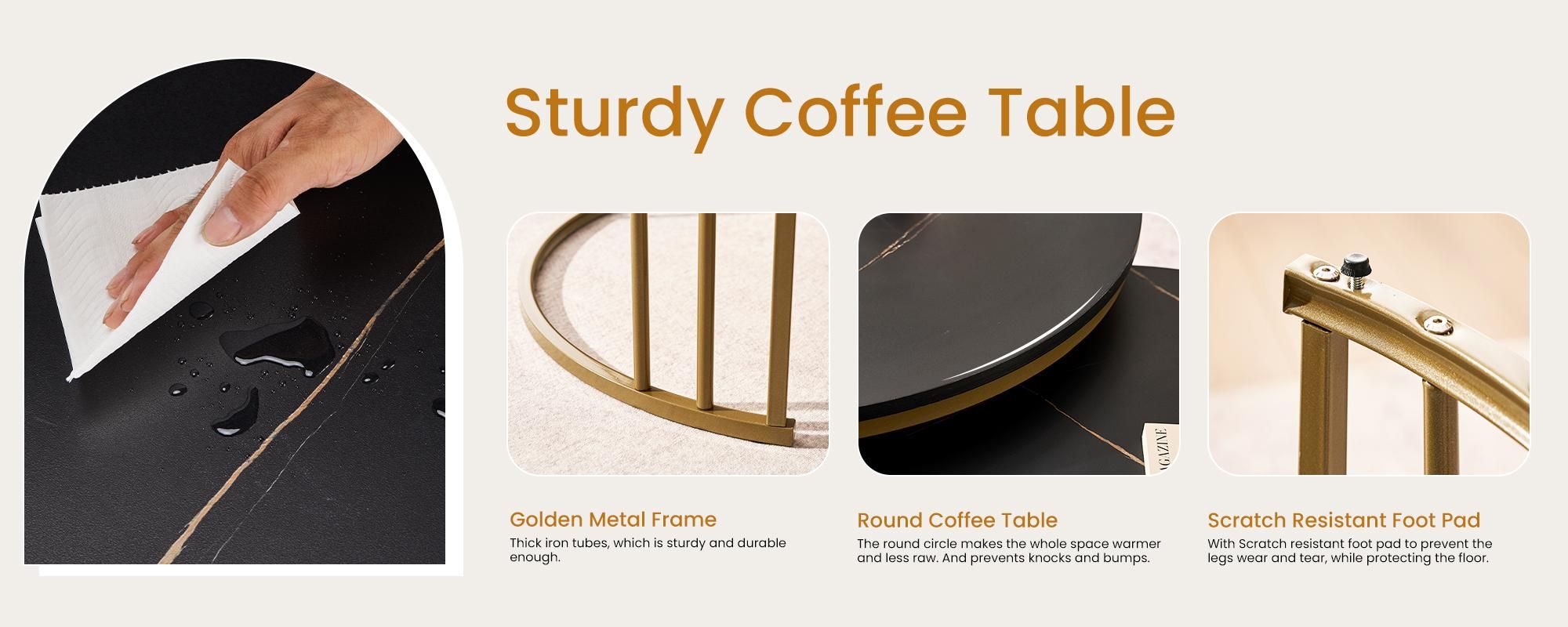 CLIPOP Couchtisch 2er Set Rund mit Marmoroptik, Metallgestell Gold Beistelltisch für Wohnzimmer Ø70+50cm, Schwarz