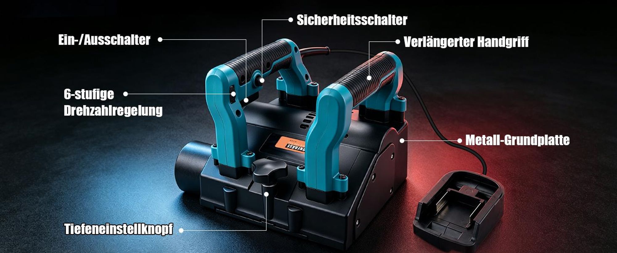 Akku-Wandfräse 1600W, Bürstenlos, für Makita Akku 18V, 0–4 mm, 6-stufig, 120mm Planfräsbreite + 30mm Seitenfräser Betonfräse Putzfräse Sanierungsfräse