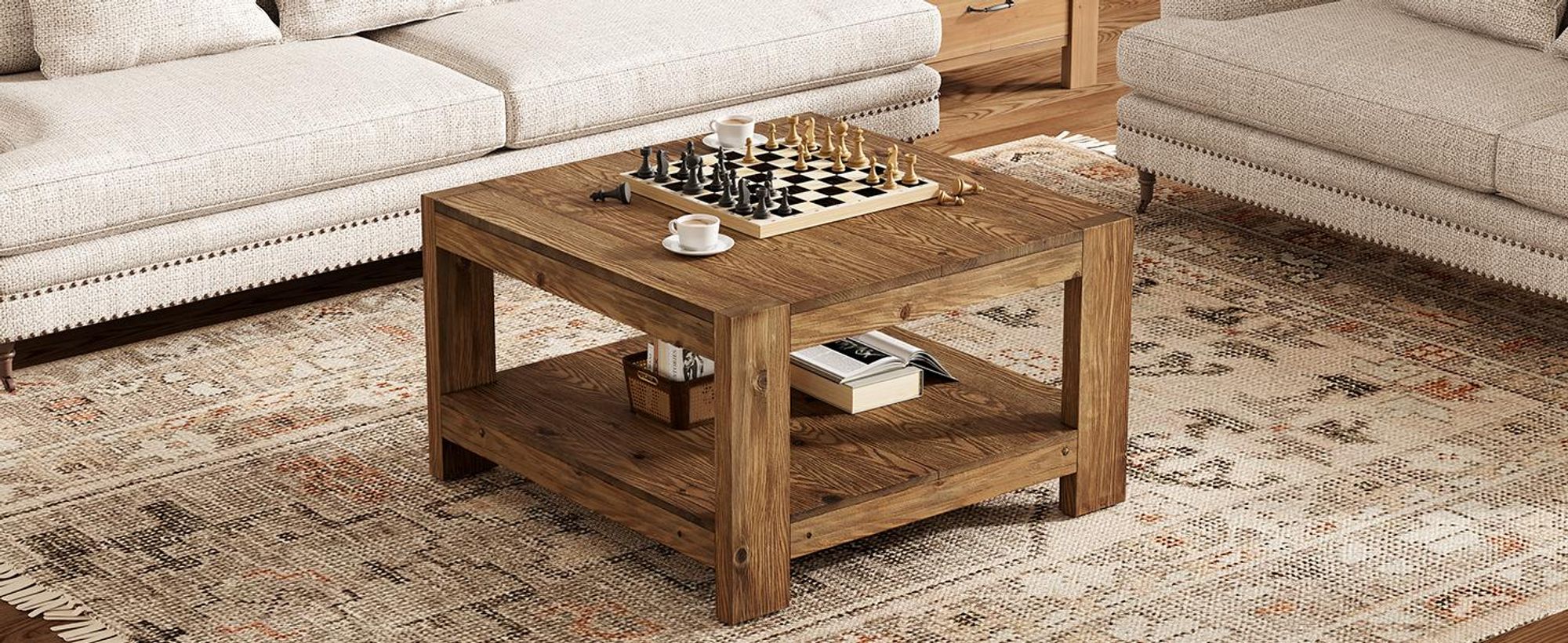 Tribesigns Massivholz Couchtisch Quadratisch 80 x 80 cm, Landhausstil Wohnzimmertisch mit Stauraum Braun, 2-stöckiger Kaffeetisch für Wohnzimmer, Büro