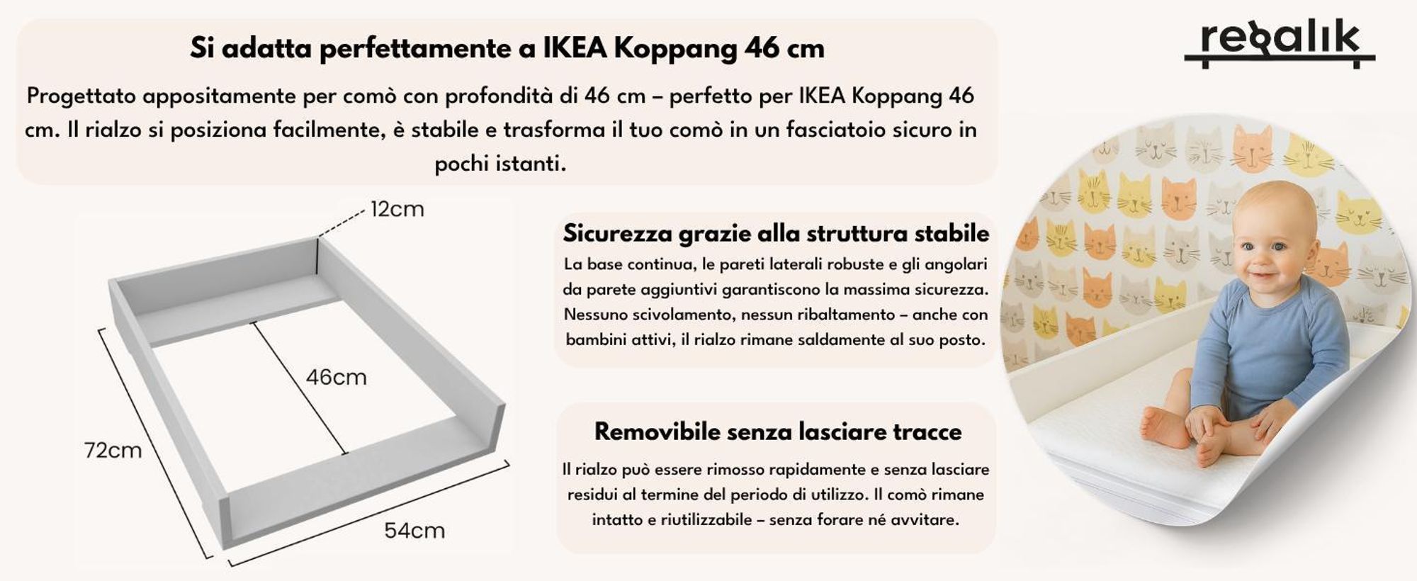 piano fasciatoio regalik per Koppang di IKEA, Piano fasciatoio per cassettiere da 46 cm, Piano fasciatoio rimovibile, Pannelli frontali arrotondati, Bianco, 72cm x 54cm