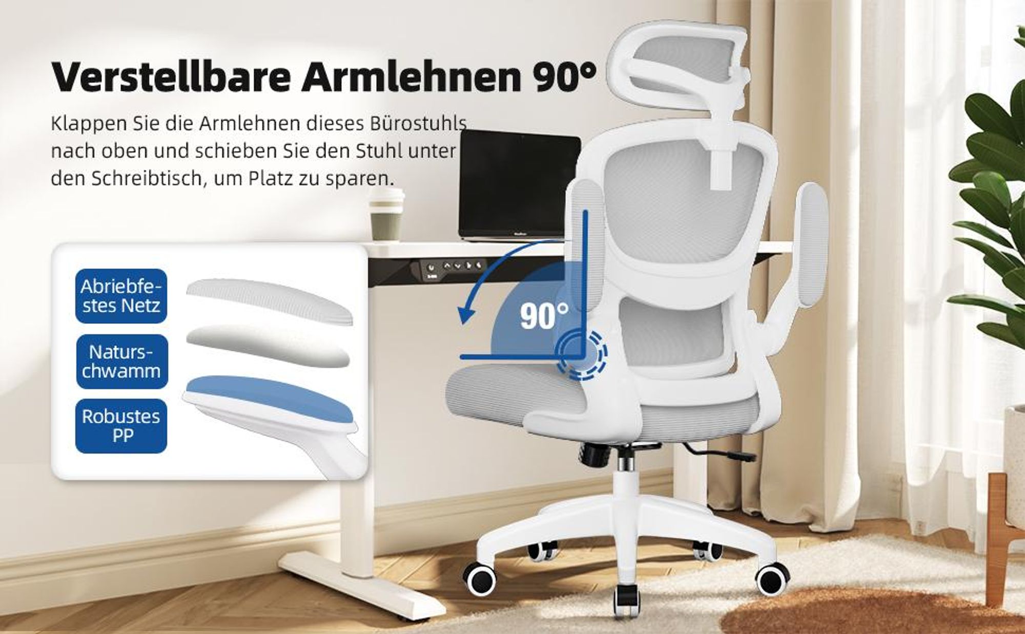 Adormii Bürostuhl,Bürostuhl Ergonomisch,Schreibtischstuhl mit Umklappbare Armlehnen Lordosenstütze,Drehstuhl,Bürostühle Wippfunktion,Bürostuhl 150kg