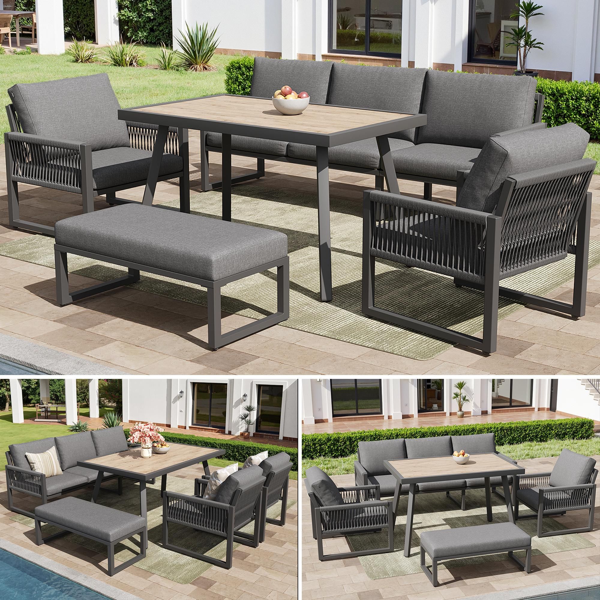 Flieks Gartenmöbel-Sets 5-tlg., Gartenloungeset Loungemöbel mit Couchtisch, Gartensofa mit Bank & Stuhl, Gartengarnitur Balkonmöbelset 7 Sitzer, Grau