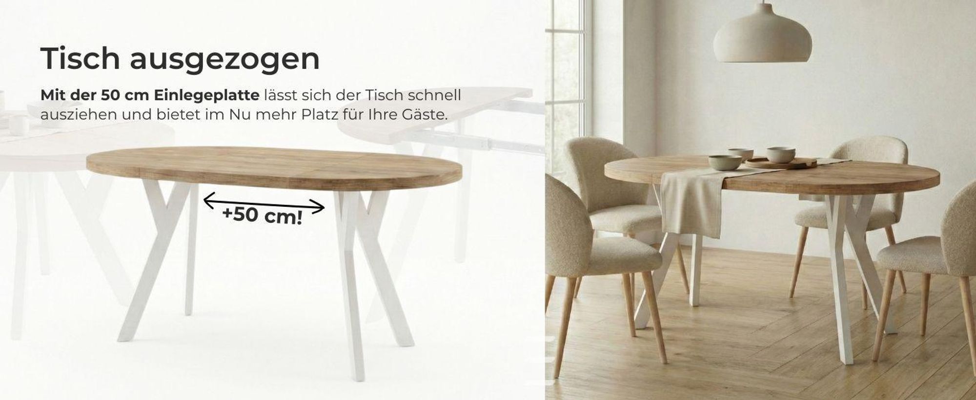 Runder Ausziehbarer Tisch für Esszimmer, PERO, Loft-Stil, Skandinavische, Durchmesser: 110 / 160 cm, Farbe: Eiche Lefkas / Weiss