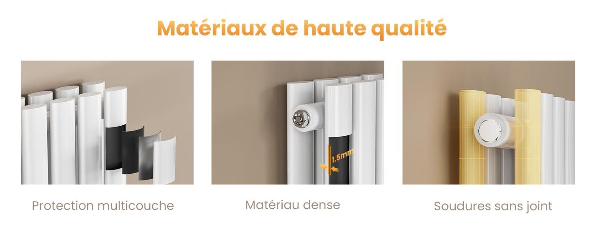 EMKE Radiateur design 1800 x 600 mm Radiateur vertical Blanc Radiateur ovale Raccord central Double couche Chauffage, 2175W sans thermoplongeur