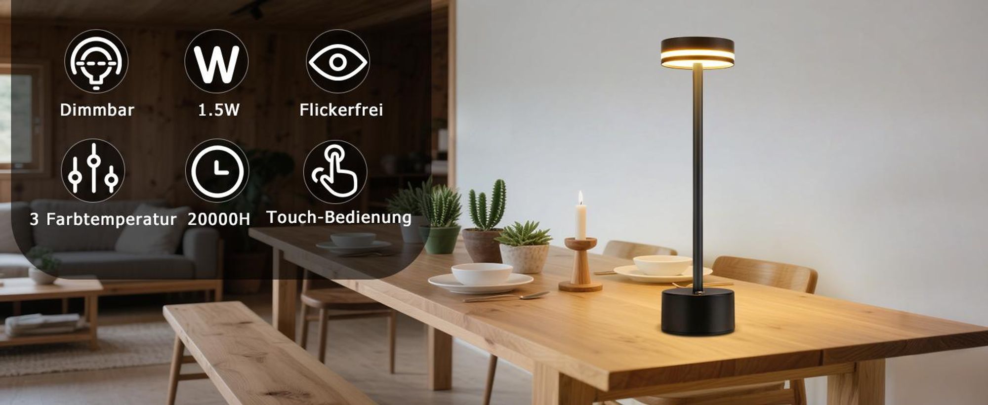 ZMH Tischlampe 2ER Kabellos LED Tischleuchte Akku Tischleuchten Dimmbare 3000K-6500K mit USB-C Touch Lampe Schwarz Tischlampen für Esszimmer Büro