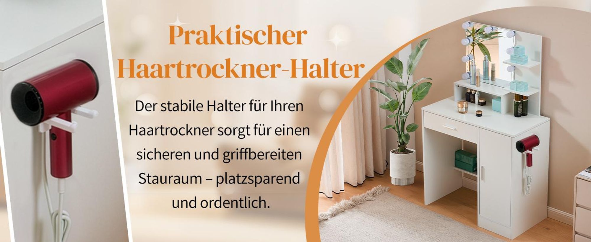 FCH Schminktisch mit LED-Beleuchtung & Spiegel, 3 Farben Verstellbarer Helligkeit, Frisiertisch mit Schublade, Schrank & Föhnhalter, 80x40x130 cm