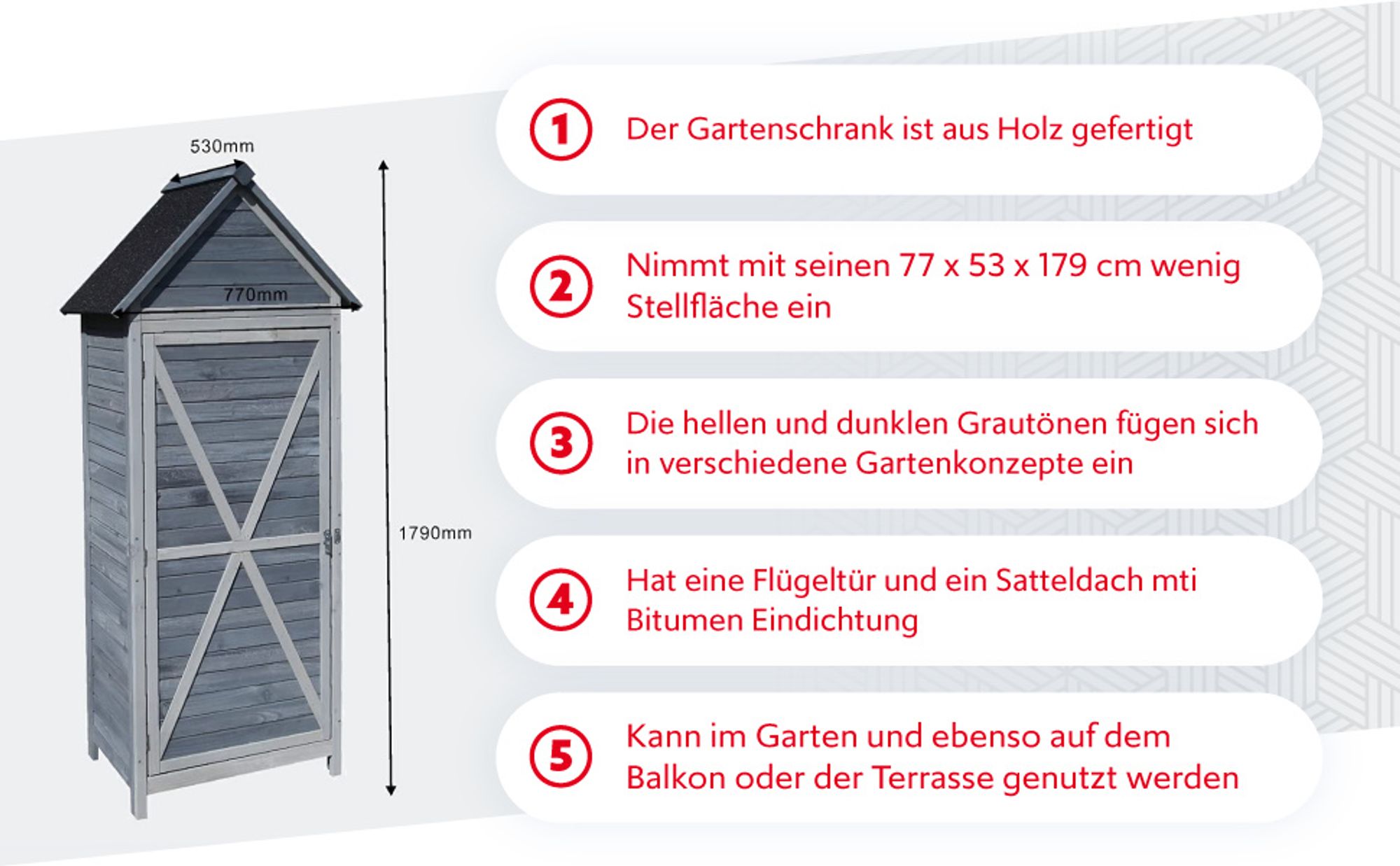 Wiltec Gartenschrank aus Holz grau 77x53x179cm mit Tür, Satteldach und Bitumenisolierung Gerätehaus Werkzeughaus Geräteschrank Werkzeugschrank Geräteschuppen
