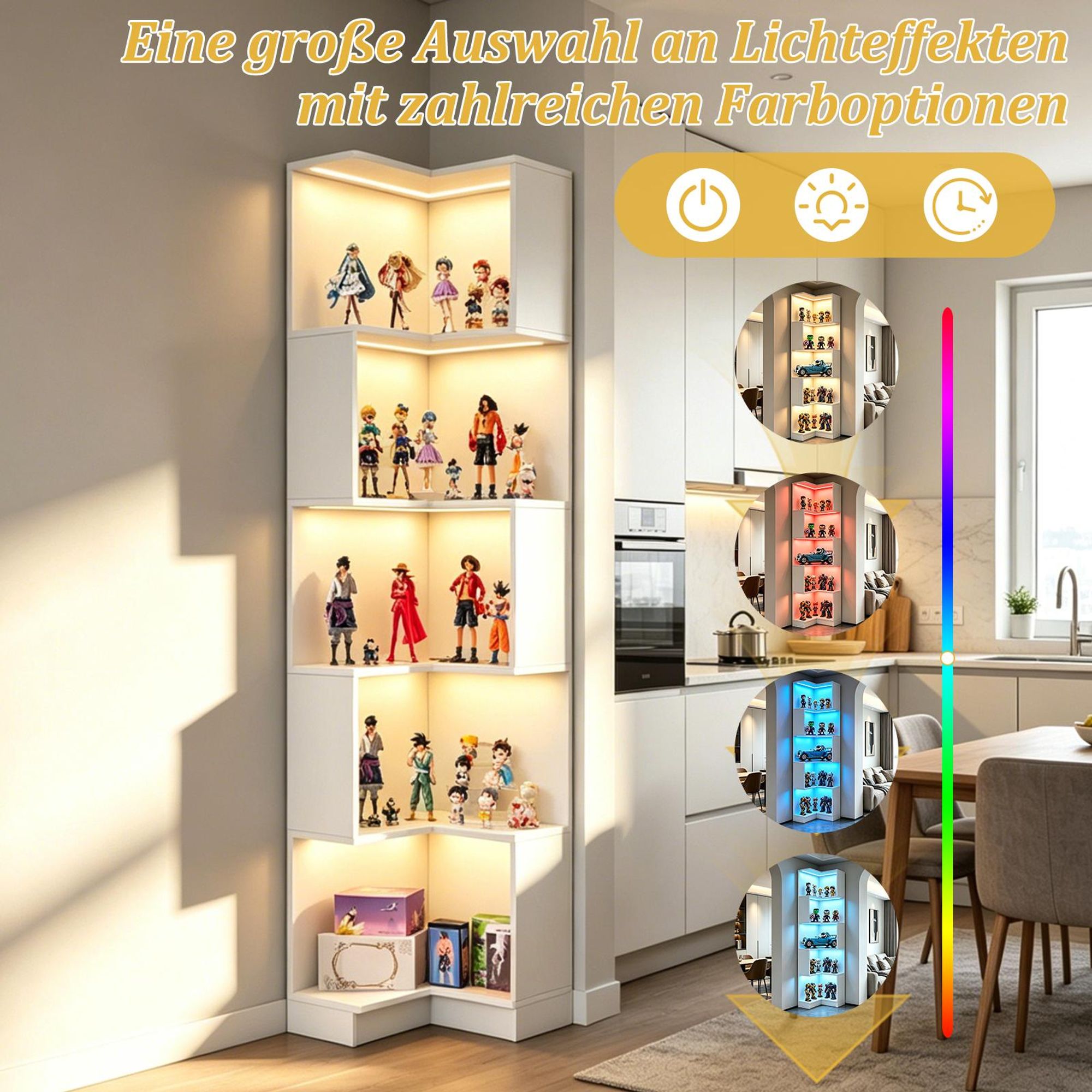 Eckregal mit LED Beleuchtung,L-Form Standregal Weiß 5 Ebenen, platzsparendes Bücherregal für Wohnzimmer, 175 cm
