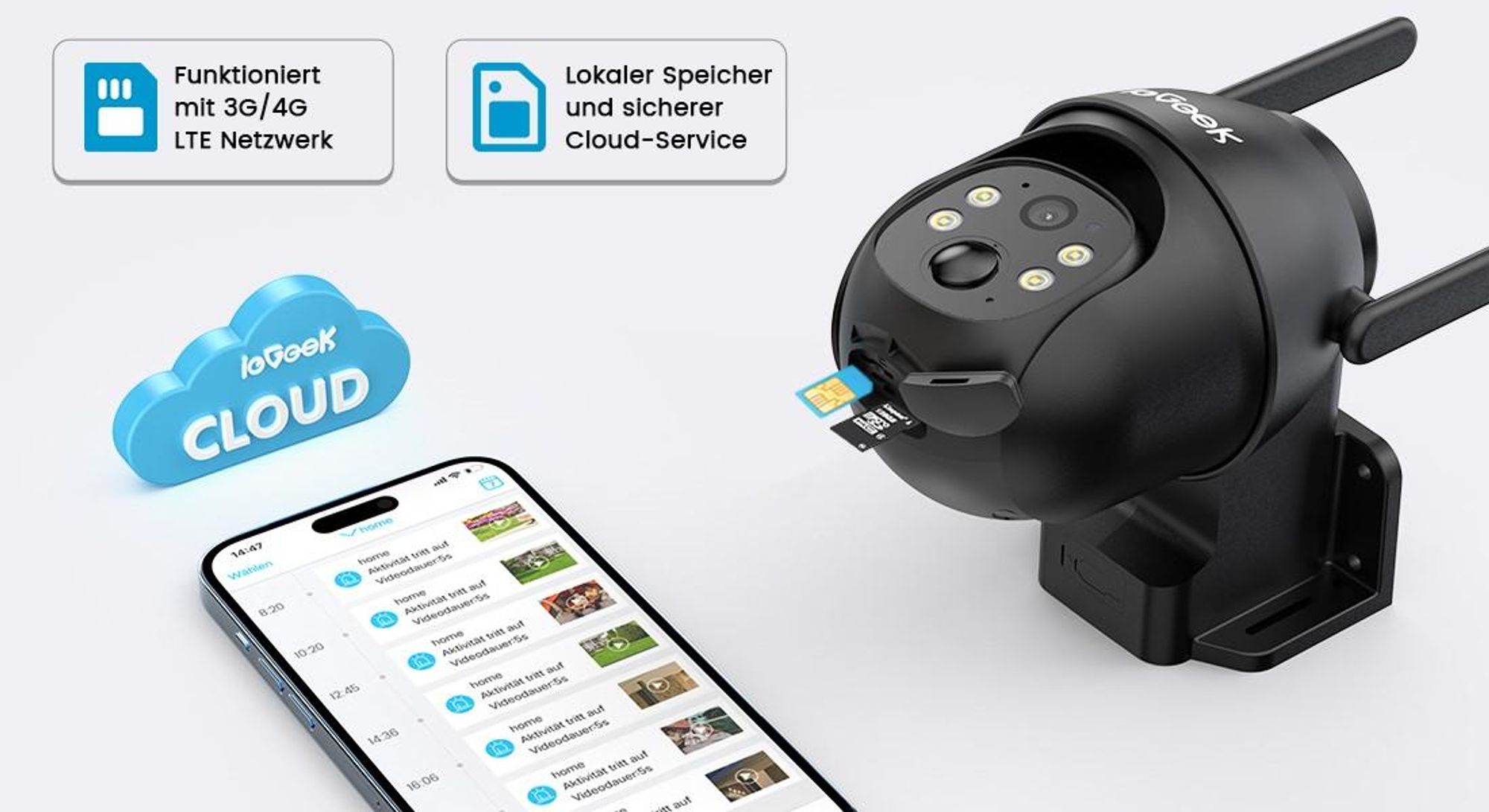 ieGeek 4G LTE Überwachungskamera Außen Akku 9600mAh mit Solarpanel und PTZ, IP Kamera Outdoor mit Farbnachtsicht, PIR-Sensor, 2-Wege-Audio, IP65, 64GB