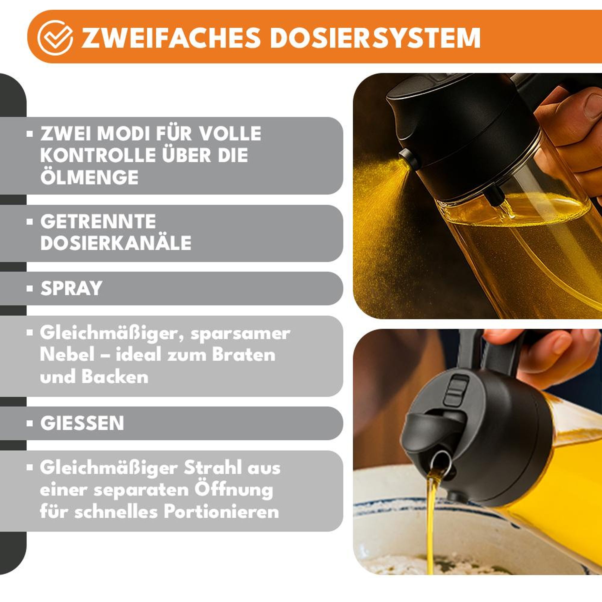 KRUMAD 2-er Set Ölspender 450 ml aus Glas – nachfüllbare Ölflasche mit Griff & PP-Deckel – Ausgießer für Öl, Essig & Küchenzubereitung, Ölkaraffe