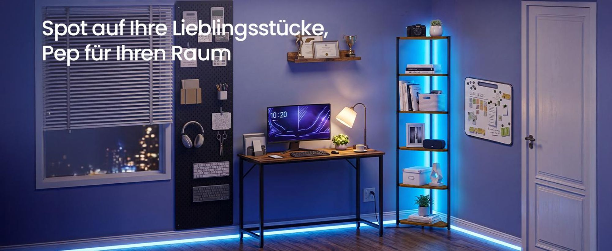 VASAGLE Bücherregal mit LED-Beleuchtung, 6-stufiges Eckregal aus Stahl, für Arbeitszimmer, Wohnzimmer, Schlafzimmer, braun