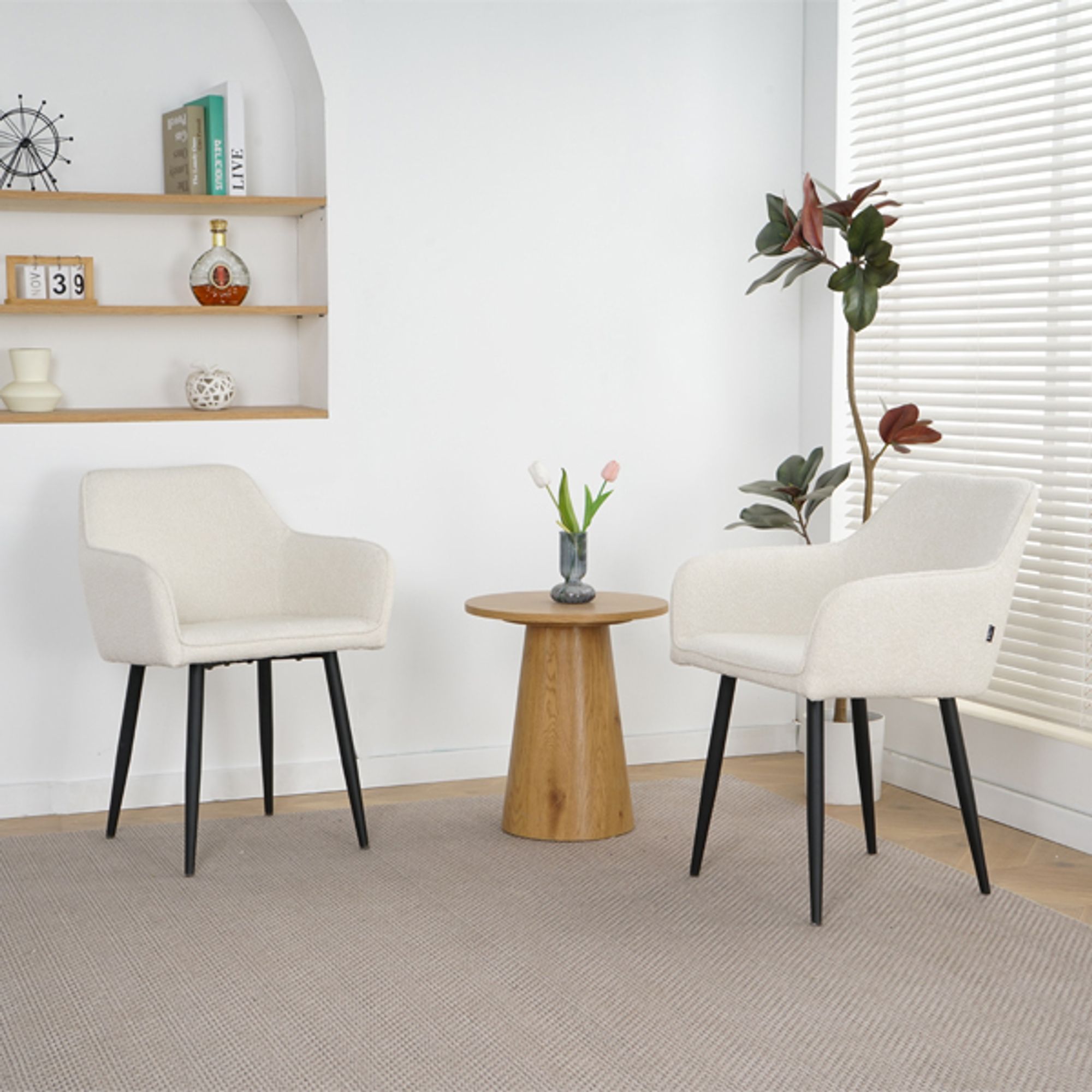 Lina® Diamond Esszimmerstühle 6er Set Bouclé Creme mit Armlehnen – Stilvoll für Esszimmer, Büro und Küche mit schwarzen Metallbeinen