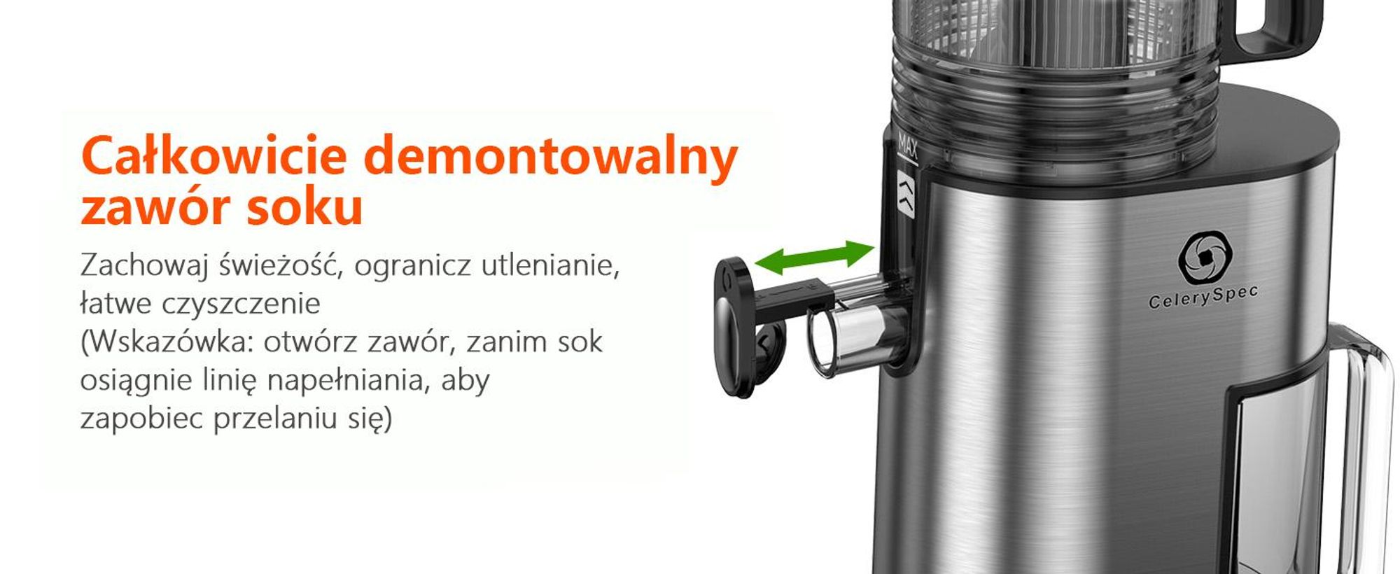 CelerySpec SJ-048-EU-SS Wolnoobrotowa Sokowirówka - 250W Potencia 1.8L Duża pojemność Dwa otwory do podawania soku 130 mm i 45 mm - Argento