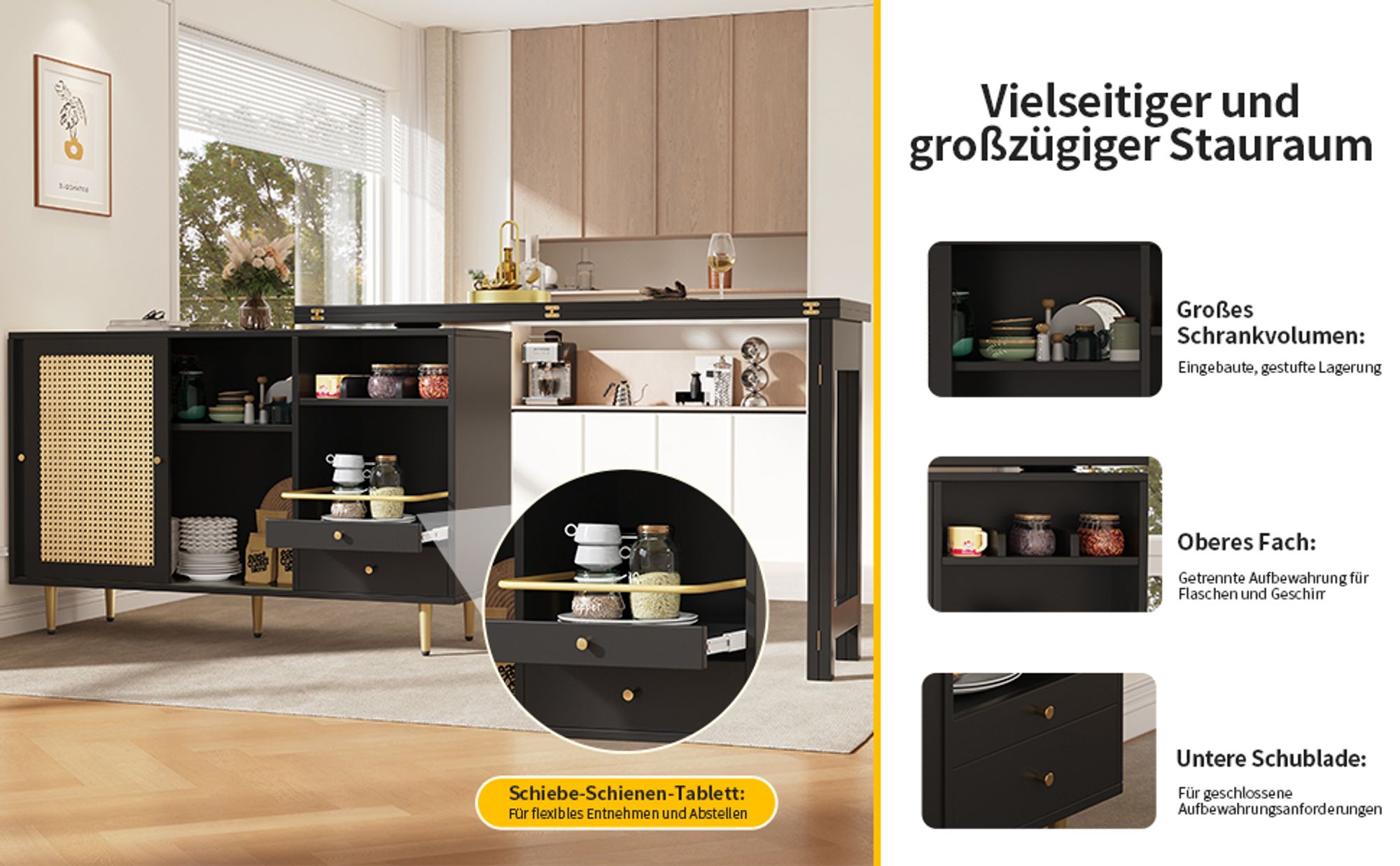 Flieks Bartisch 360°drehbar mit Rattan-Schiebetür, Stehtisch mit klappbare Tischplatte, Sideboard Essbar 120-187x40-80x76 cm, schwarz