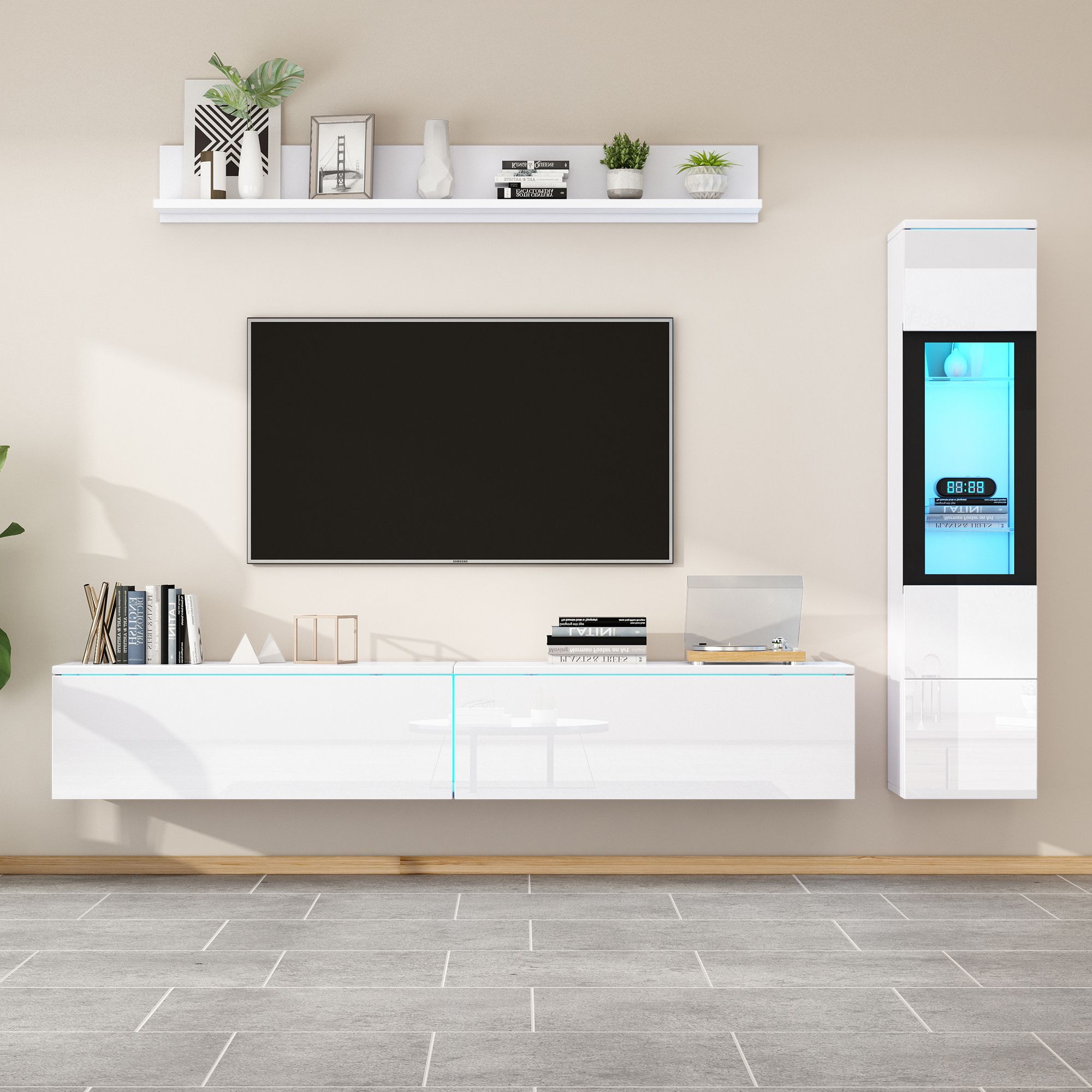 Merax TV Wohnwand Set 3-teilig mit LED Beleuchtung Hochglanz Weiß-1 x TV Schrank, 1 x Wohnzimmer Vitrine, 1 x Hängeregal