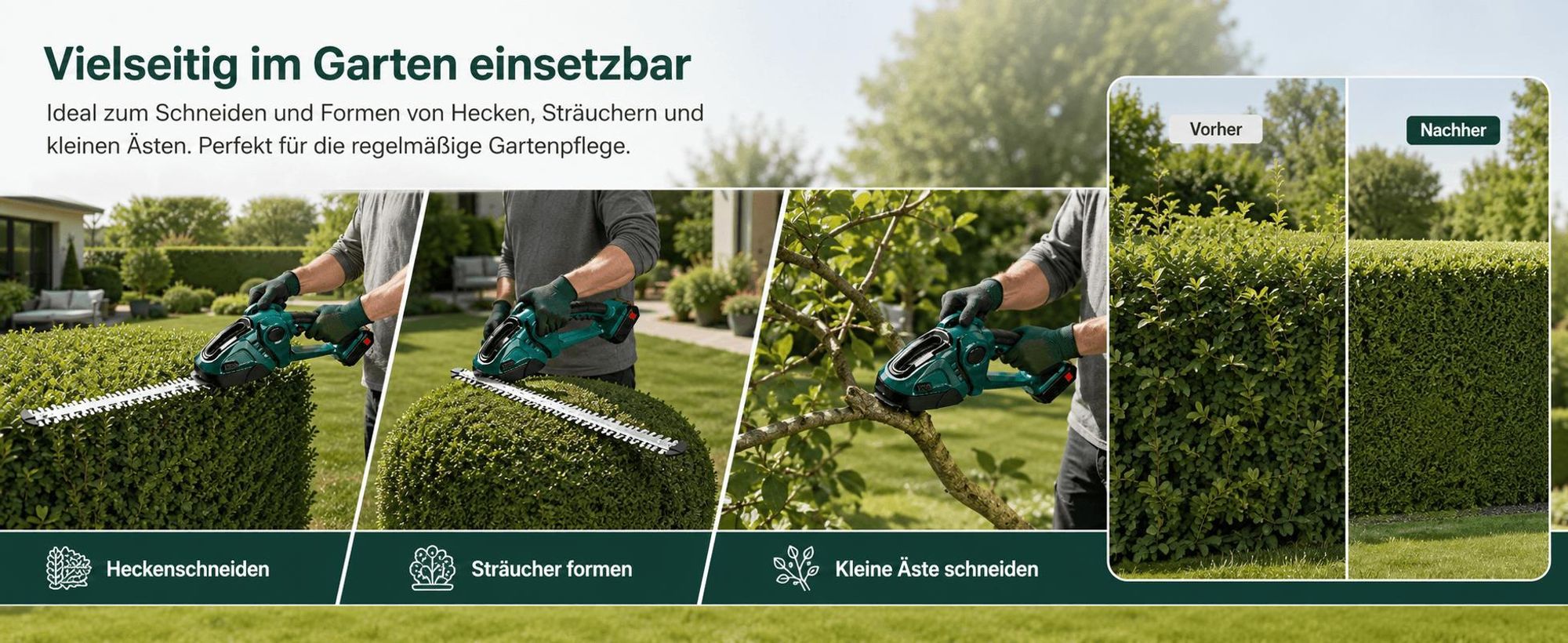 2 in 1 Akku-Heckenschere, 21V Heckenschere mit 2 Akkus & Ladegerät, 20000U/min, 45°/90° verstellbar, kabellos, leicht, für Hecken & Rasen