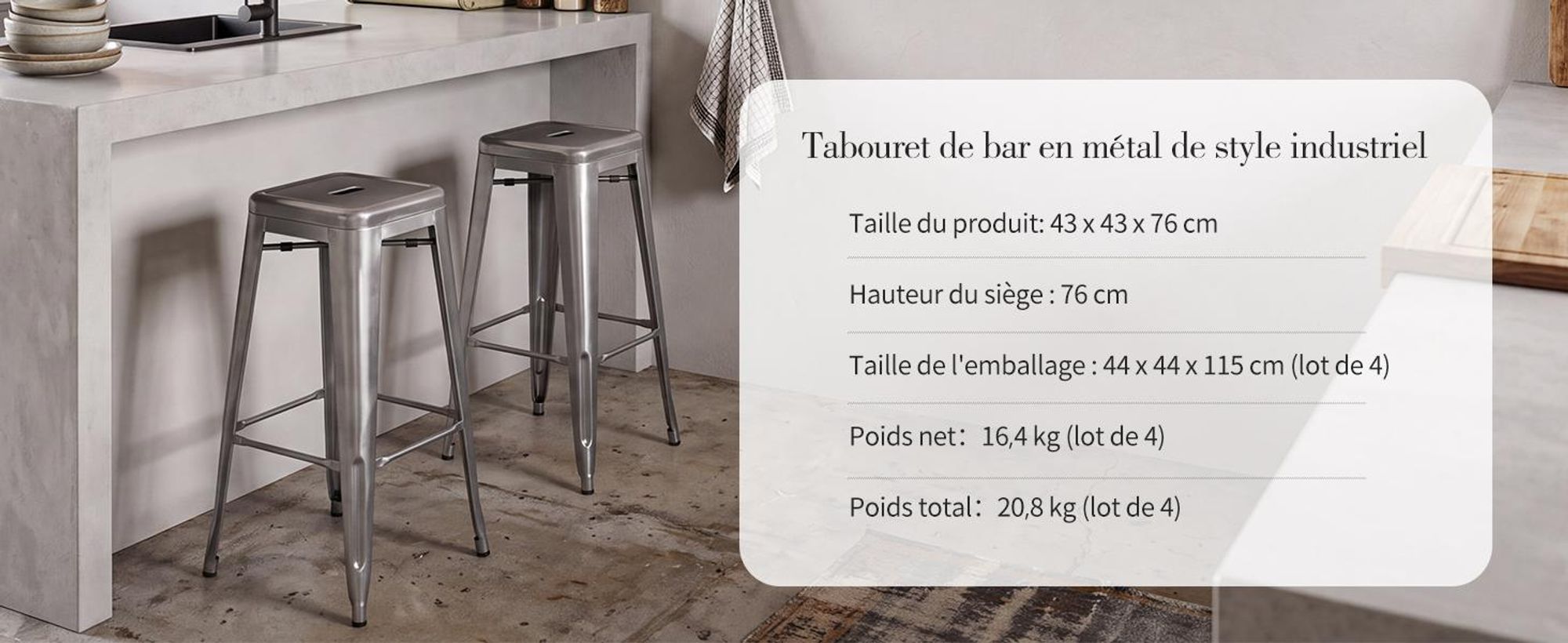 4 tabourets métalliques, couleur au choix, aspect vieilli, assise en bois, tabourets de bar empilables, couleur : métallisé, matériau : métal